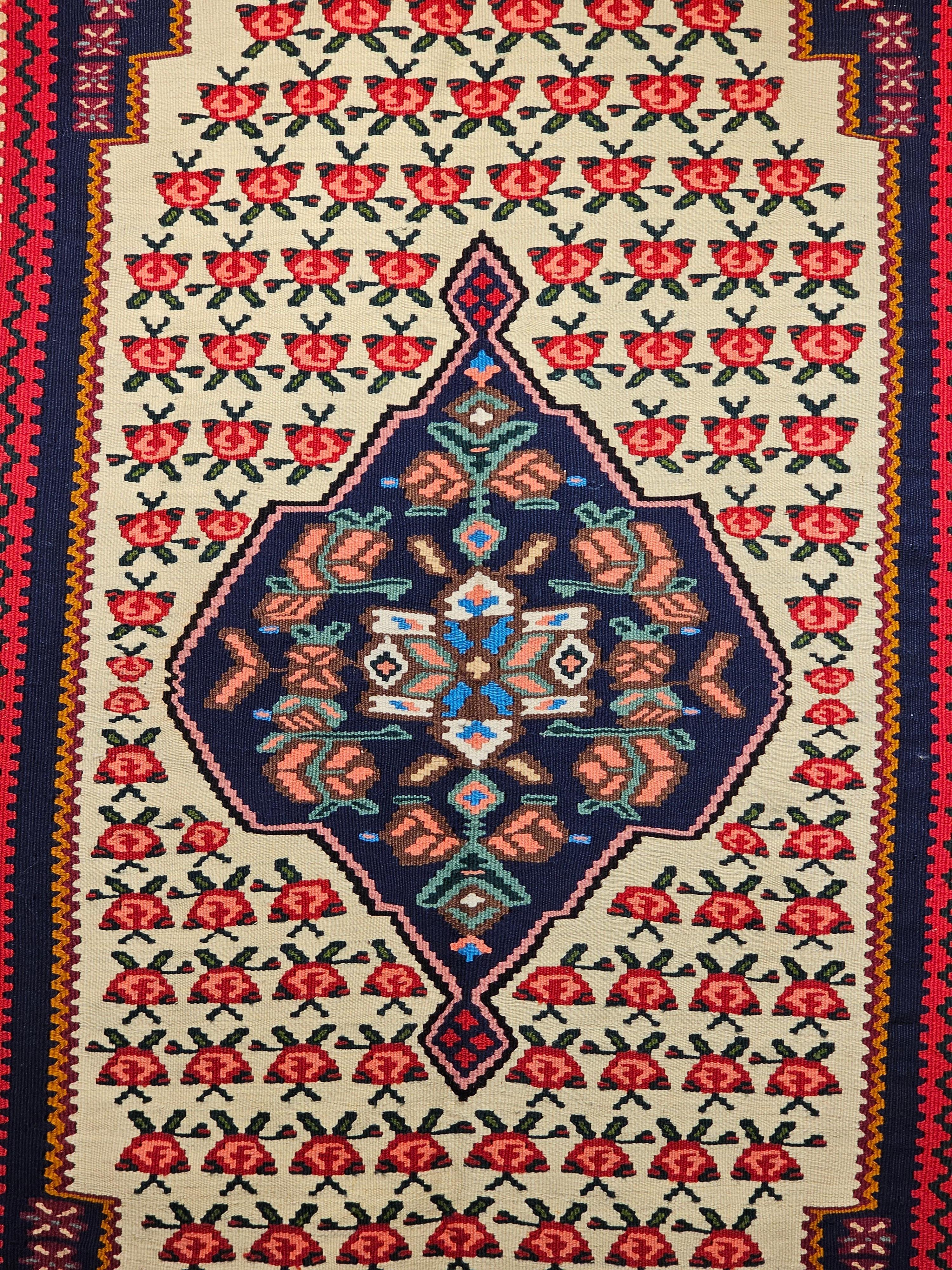 Hand-Knotted Vintage Persian Senneh Kilim Area Rug in Geometric Design in Red, Blue, Ivory For Sale