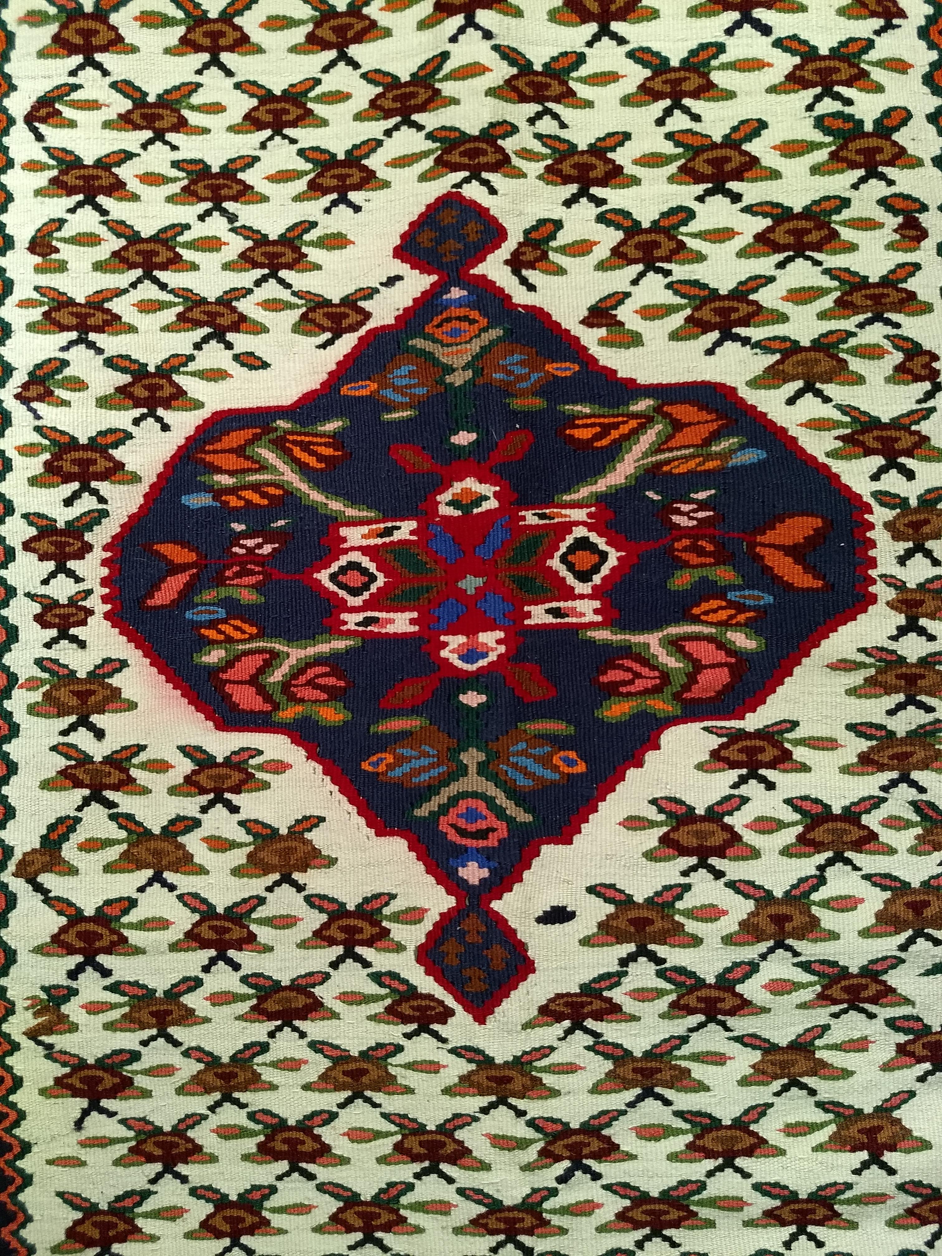 20th Century Vintage Persian Senneh Kilim Area Rug in Geometric Design in Ivory, Red, Blue For Sale