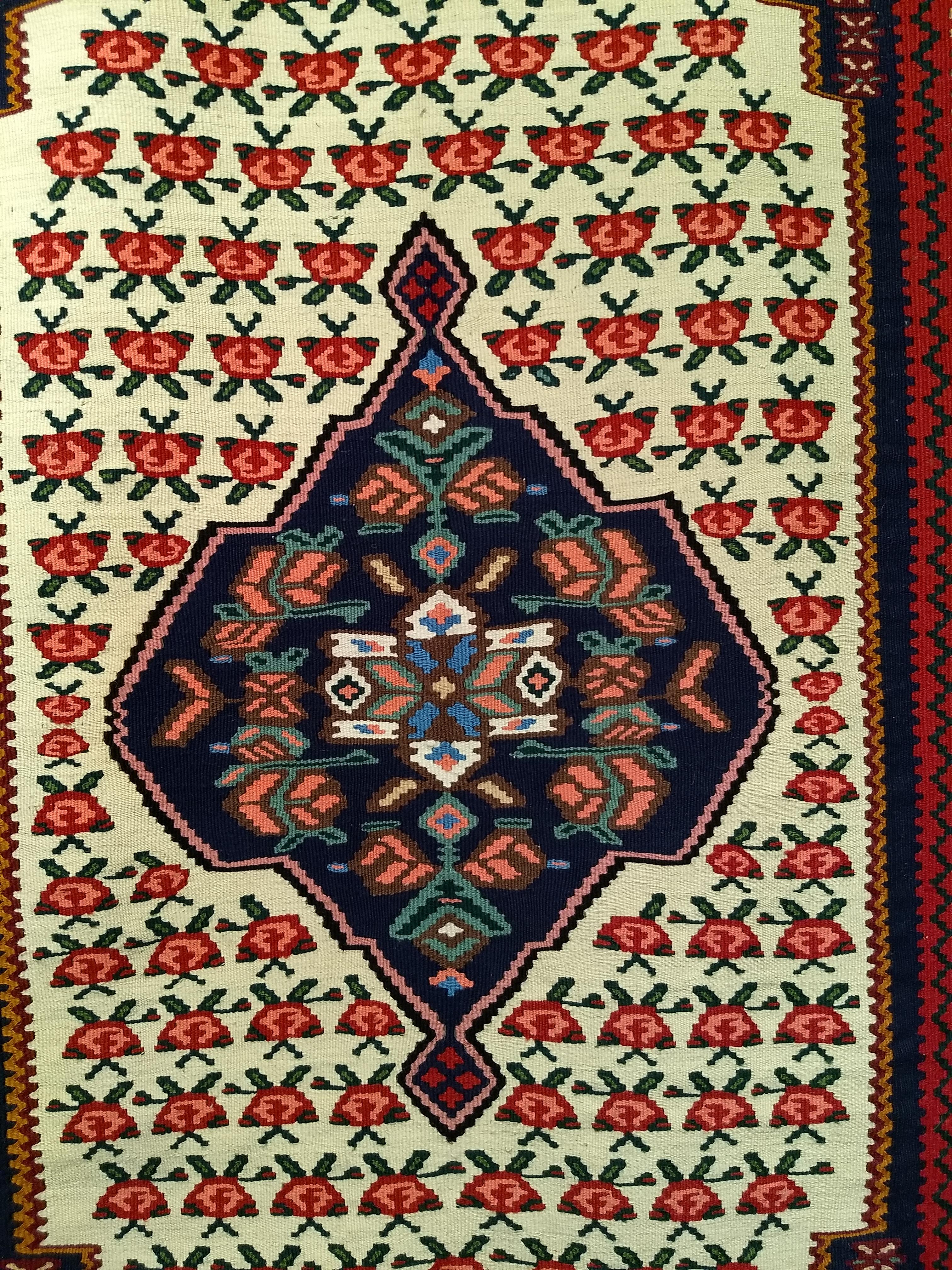 Wool Vintage Persian Senneh Kilim Area Rug in Geometric Design in Red, Blue, Ivory For Sale