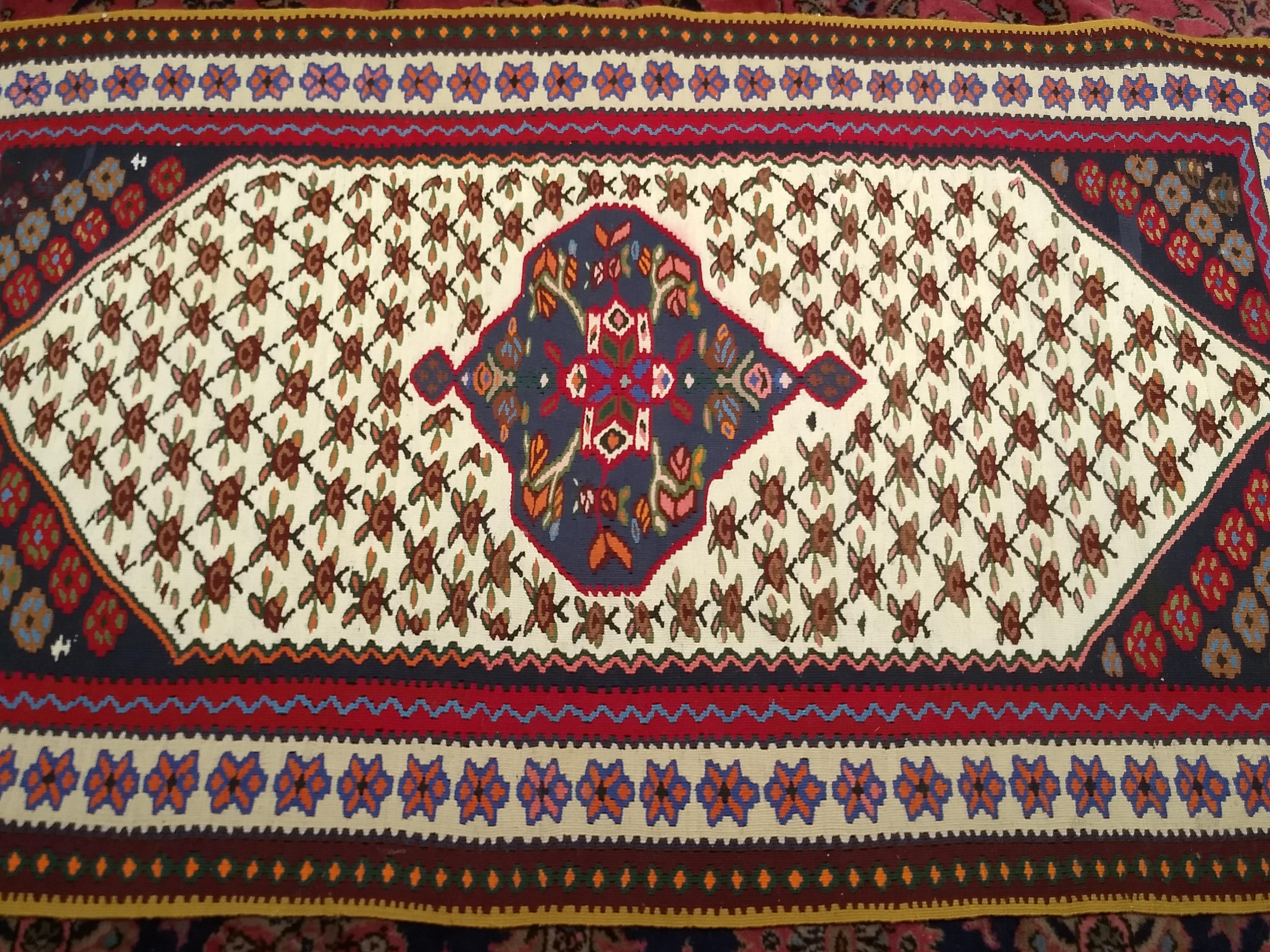 Vintage Persian Senneh Kilim Area Rug in Geometric Design in Ivory, Red, Blue For Sale 2