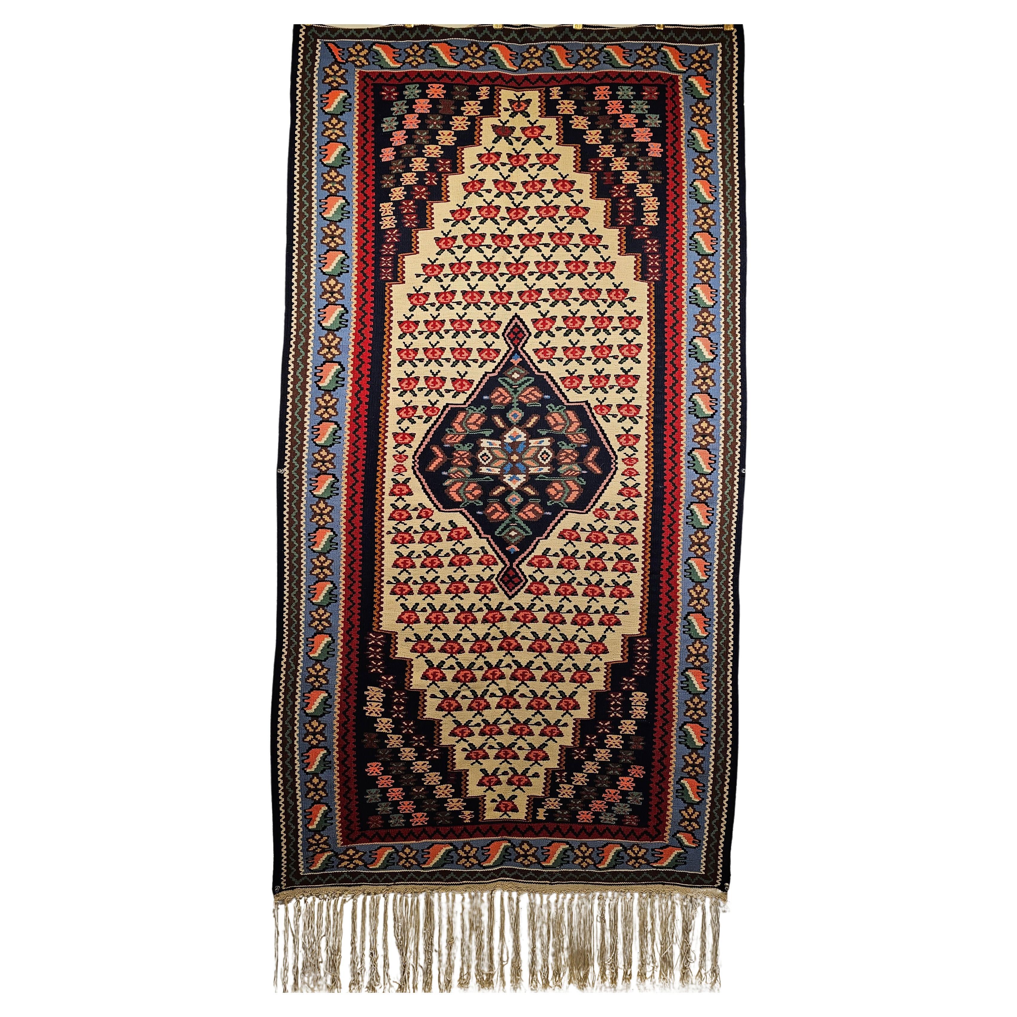 Vintage Persian Senneh Kilim Area Rug in Geometric Design in Red, Blue, Ivory