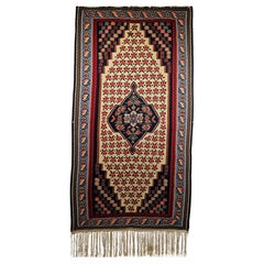 Used Persian Senneh Kilim Area Rug in Geometric Design in Red, Blue, Ivory