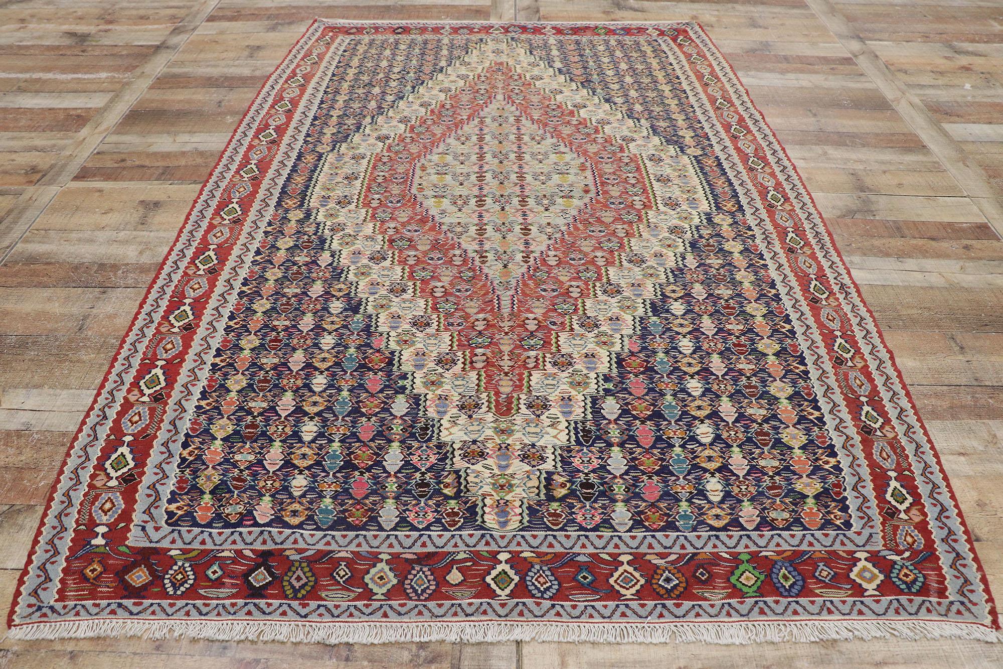 Laine Tapis Kilim persan vintage Senneh avec motif ferme de style cottage en vente