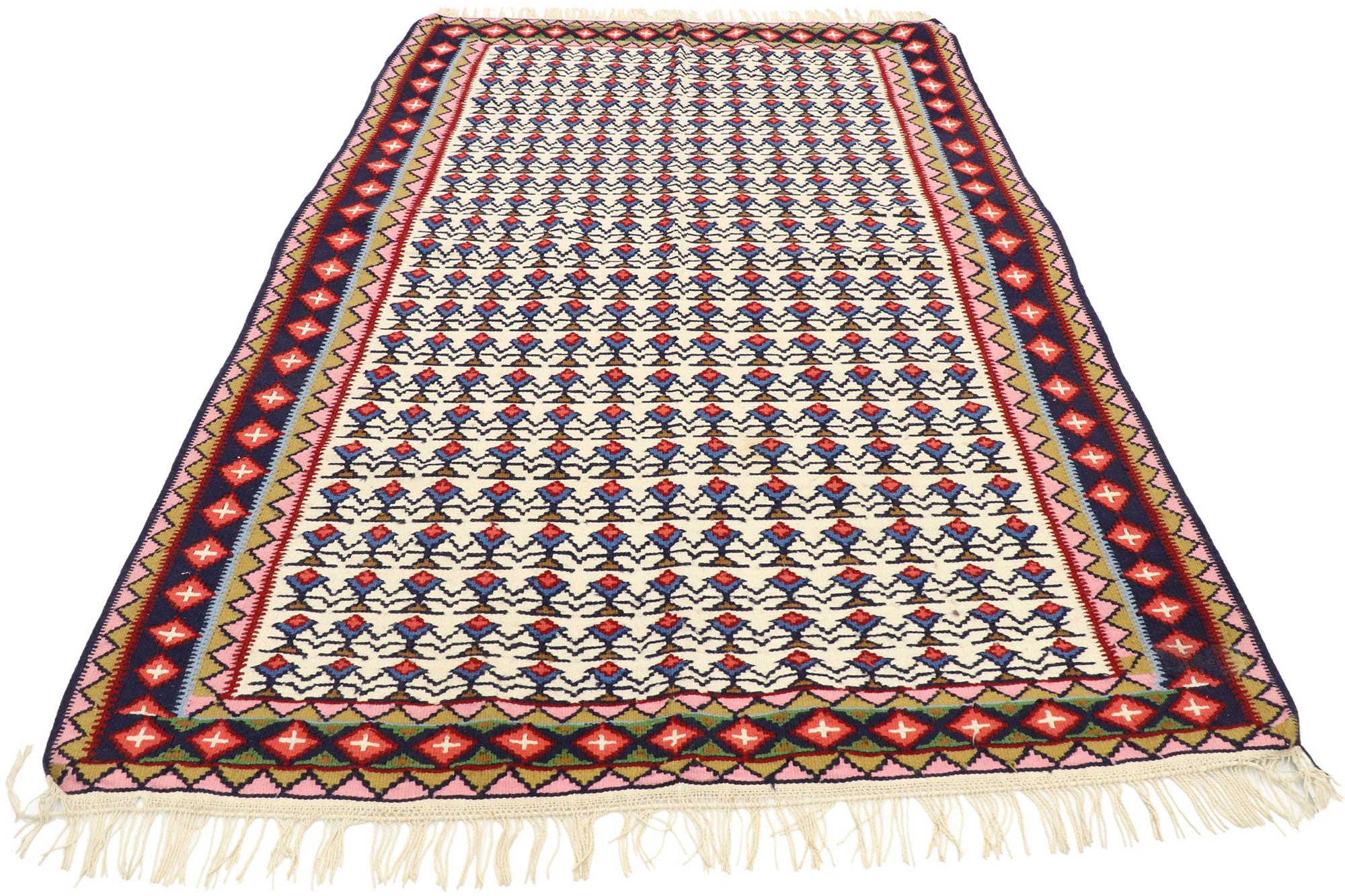 Tribal Vintage Persian Senneh Sanadaj Kilim Rug with Relaxed Federal and Nautical Style For Sale