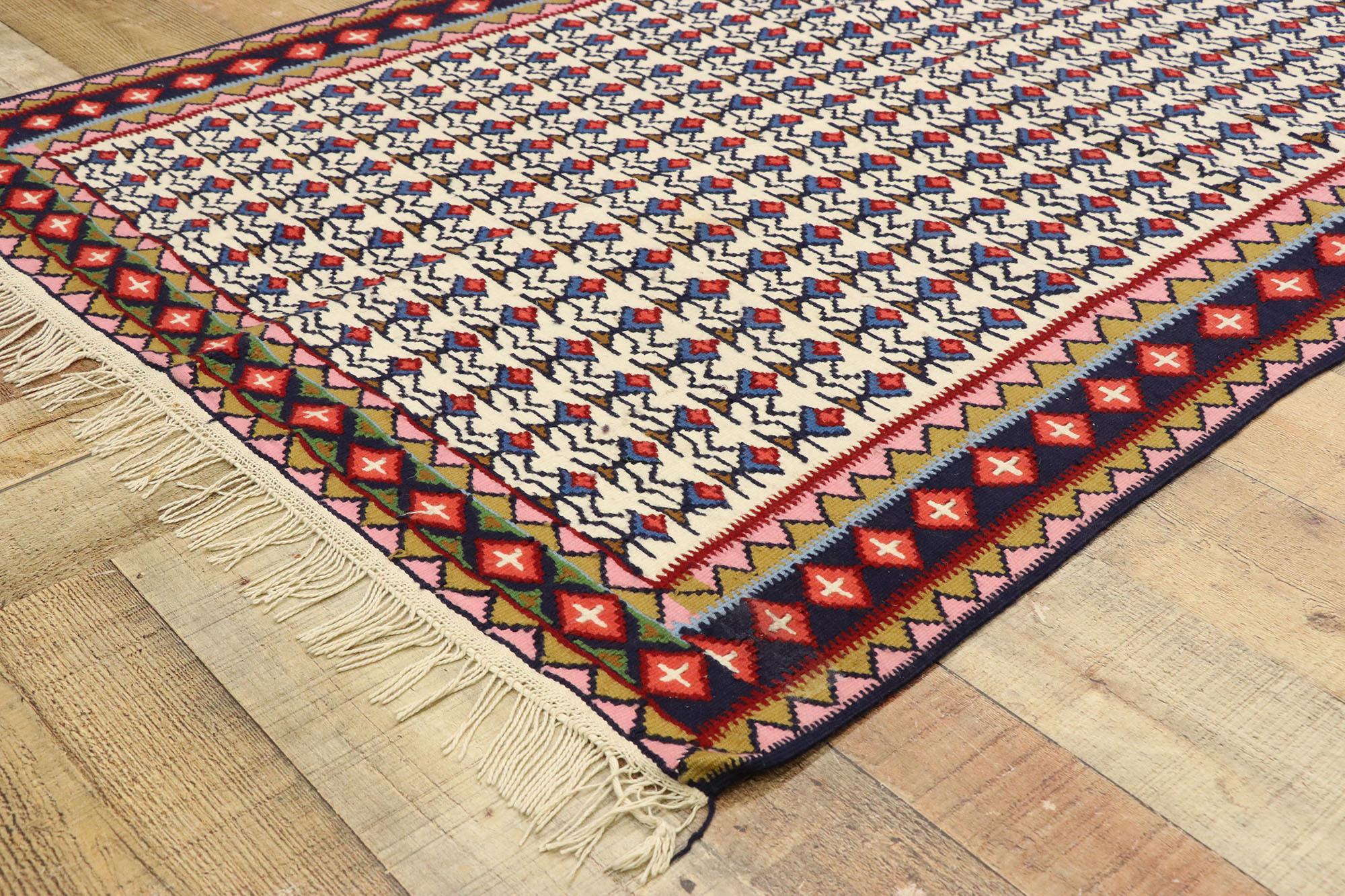 Vintage Persian Senneh Sanadaj Kilim Rug with Relaxed Federal and Nautical Style In Fair Condition For Sale In Dallas, TX