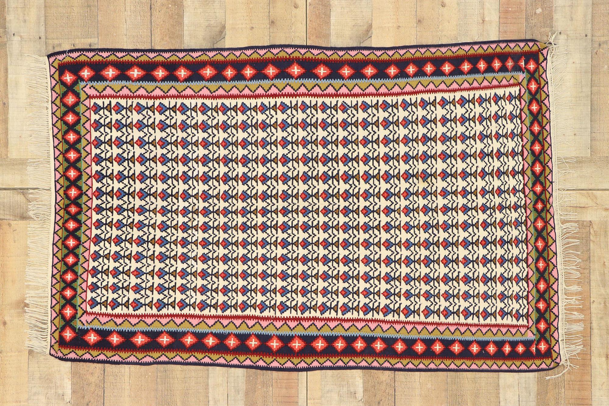 Wool Vintage Persian Senneh Sanadaj Kilim Rug with Relaxed Federal and Nautical Style For Sale