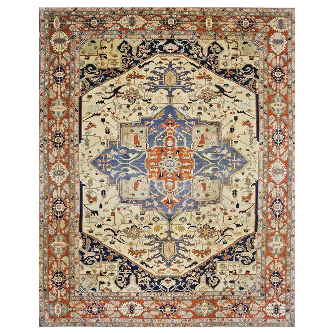 Tapis persan Serapi vintage surdimensionné ivoire et rouille 14 x 17 cm fait à la main