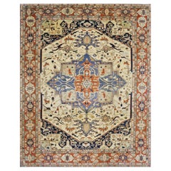 Tapis persan Serapi vintage surdimensionné ivoire et rouille 14 x 17 cm fait à la main