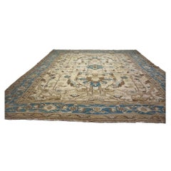 Vintage Persian Serapi Wool 15x16 Ivory & Teal Handmade Oversized Area Rug