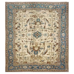 Vintage Persian Serapi Wool 15x16 Ivory & Teal Handmade Oversized Area Rug
