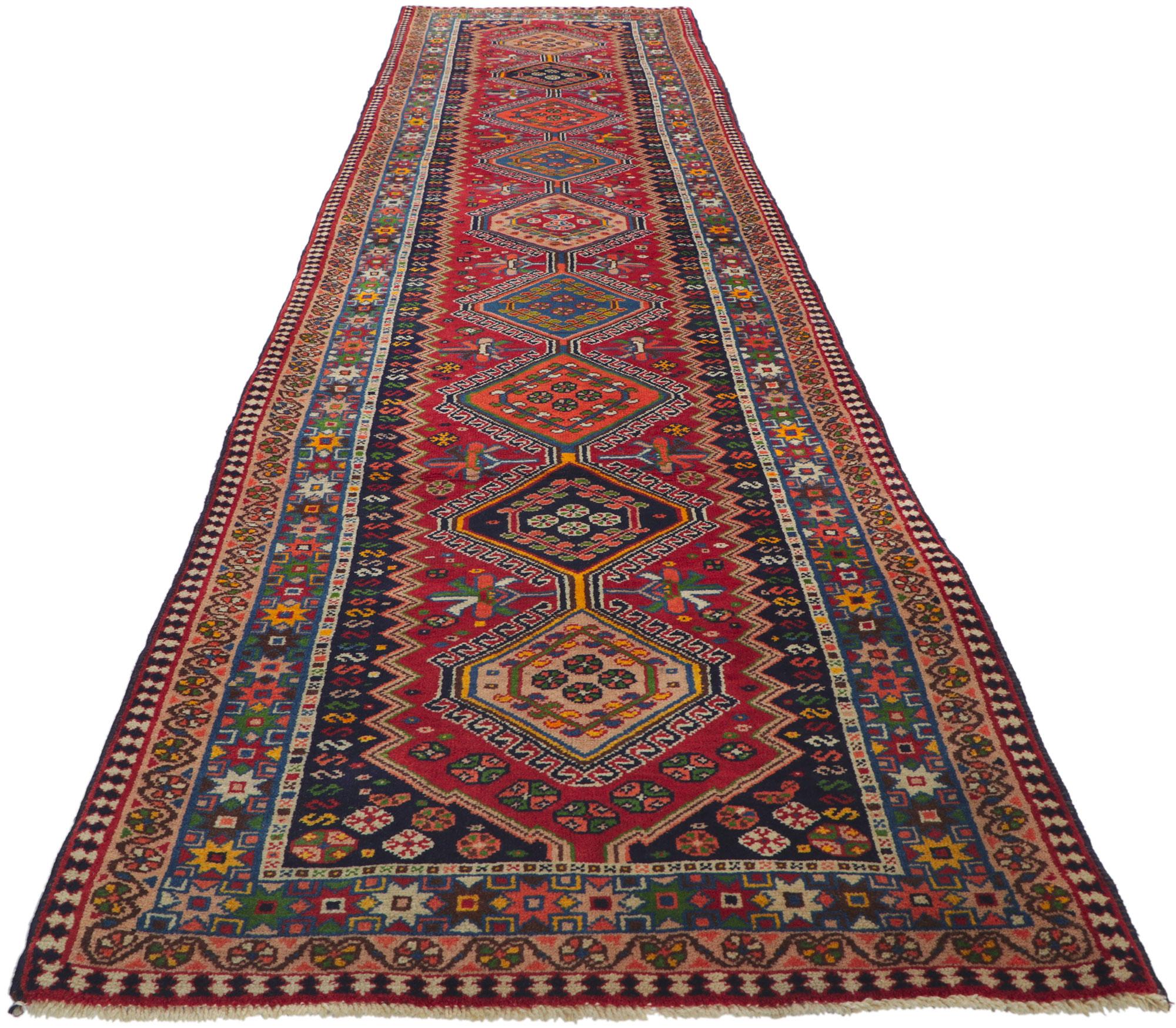 Hand-Knotted Vintage Persian Shiraz Hallway Rug Runner with Tribal Style For Sale