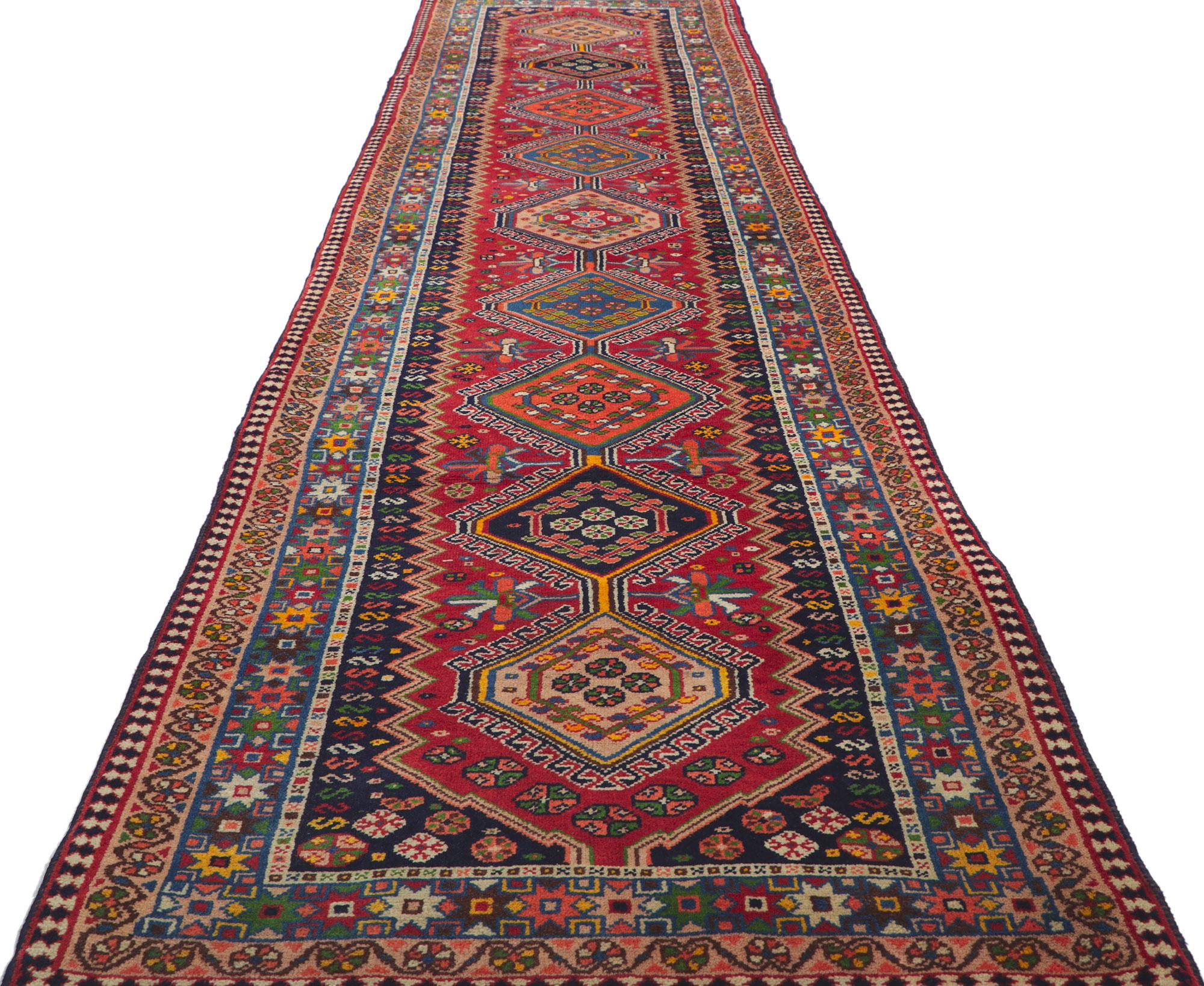 Vintage Persian Shiraz Hallway Rug Runner with Tribal Style In Good Condition For Sale In Dallas, TX