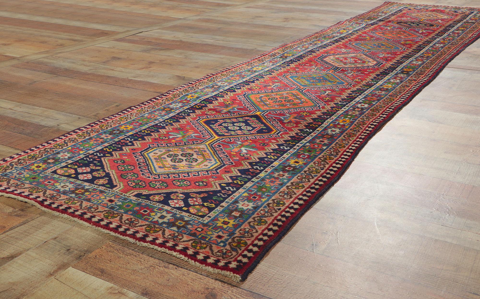 Wool Vintage Persian Shiraz Hallway Rug Runner with Tribal Style For Sale