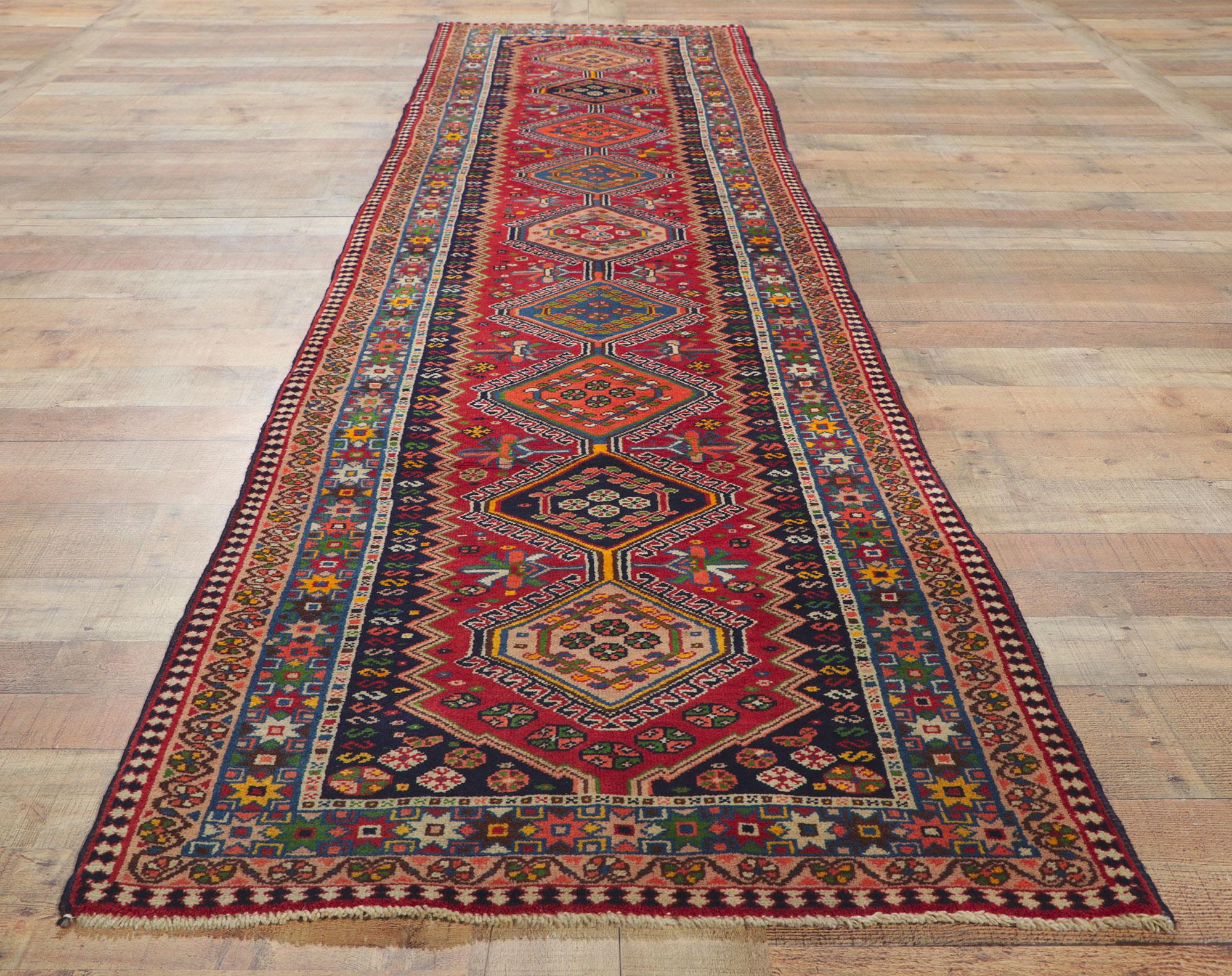 Vintage Persian Shiraz Hallway Rug Runner with Tribal Style For Sale 1