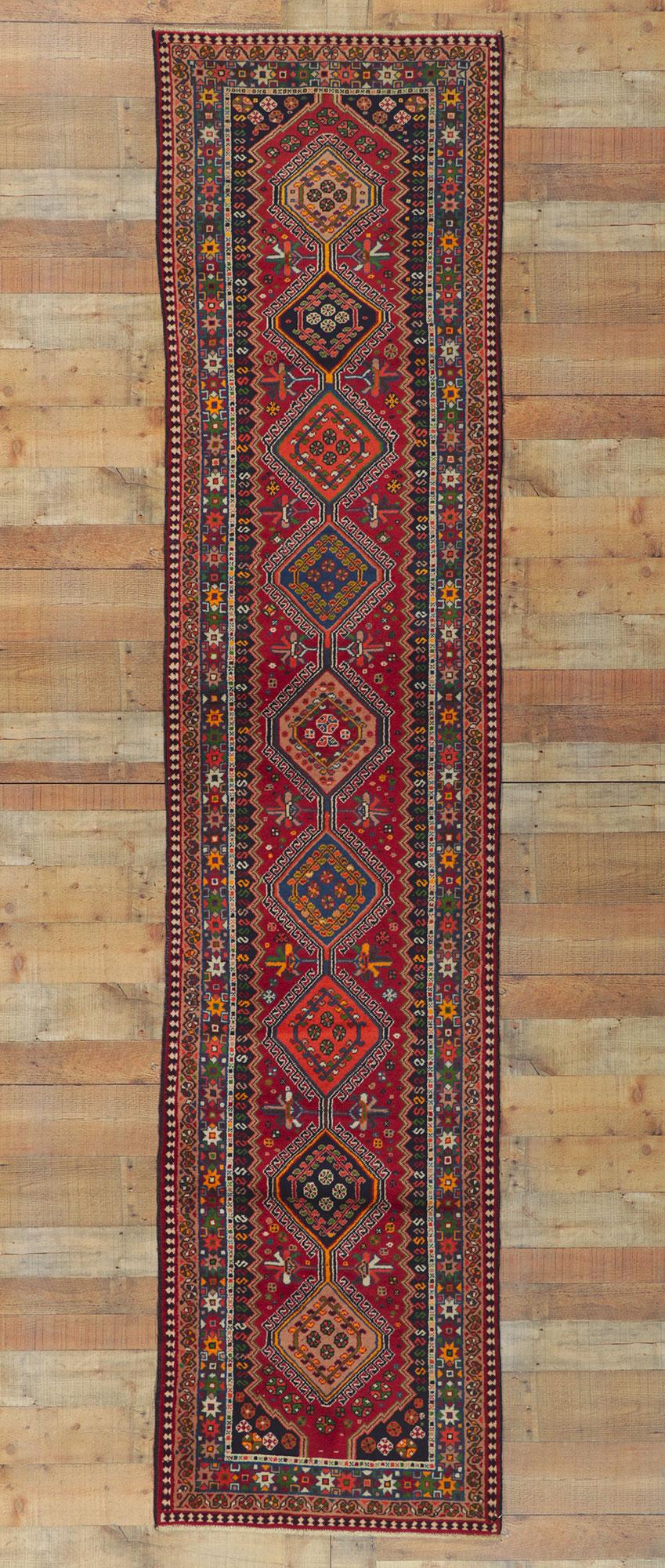 Vintage Persian Shiraz Hallway Rug Runner with Tribal Style For Sale 2