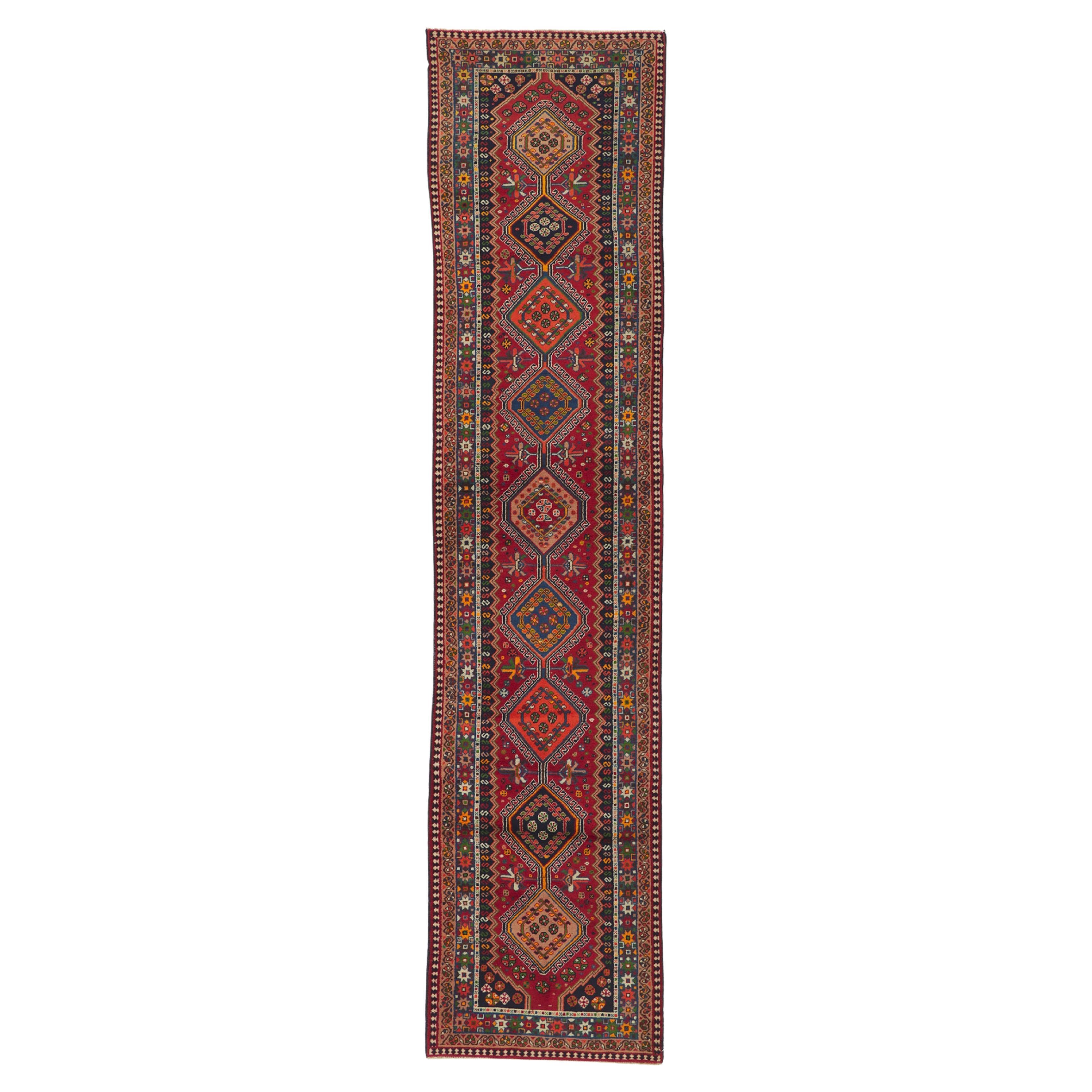 Vintage Persian Shiraz Hallway Rug Runner with Tribal Style