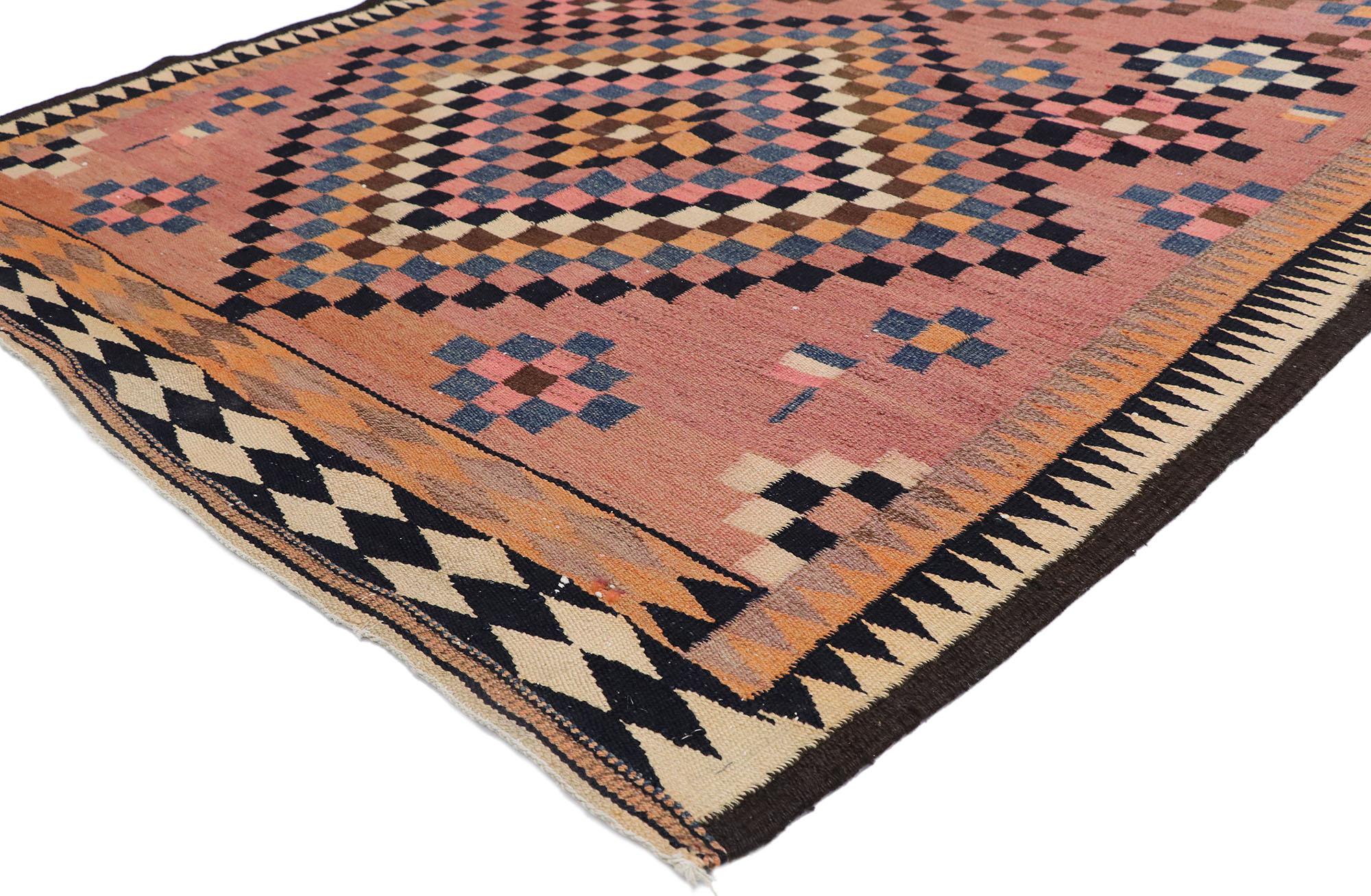 78056 vintage Persian Shiraz Kilim Gallery rug with Boho Chic Tribal style 05'03 x 11'01. Full of tiny details and a bold expressive design combined with vibrant colors and tribal style, this hand-woven wool vintage Persian Shiraz kilim gallery rug