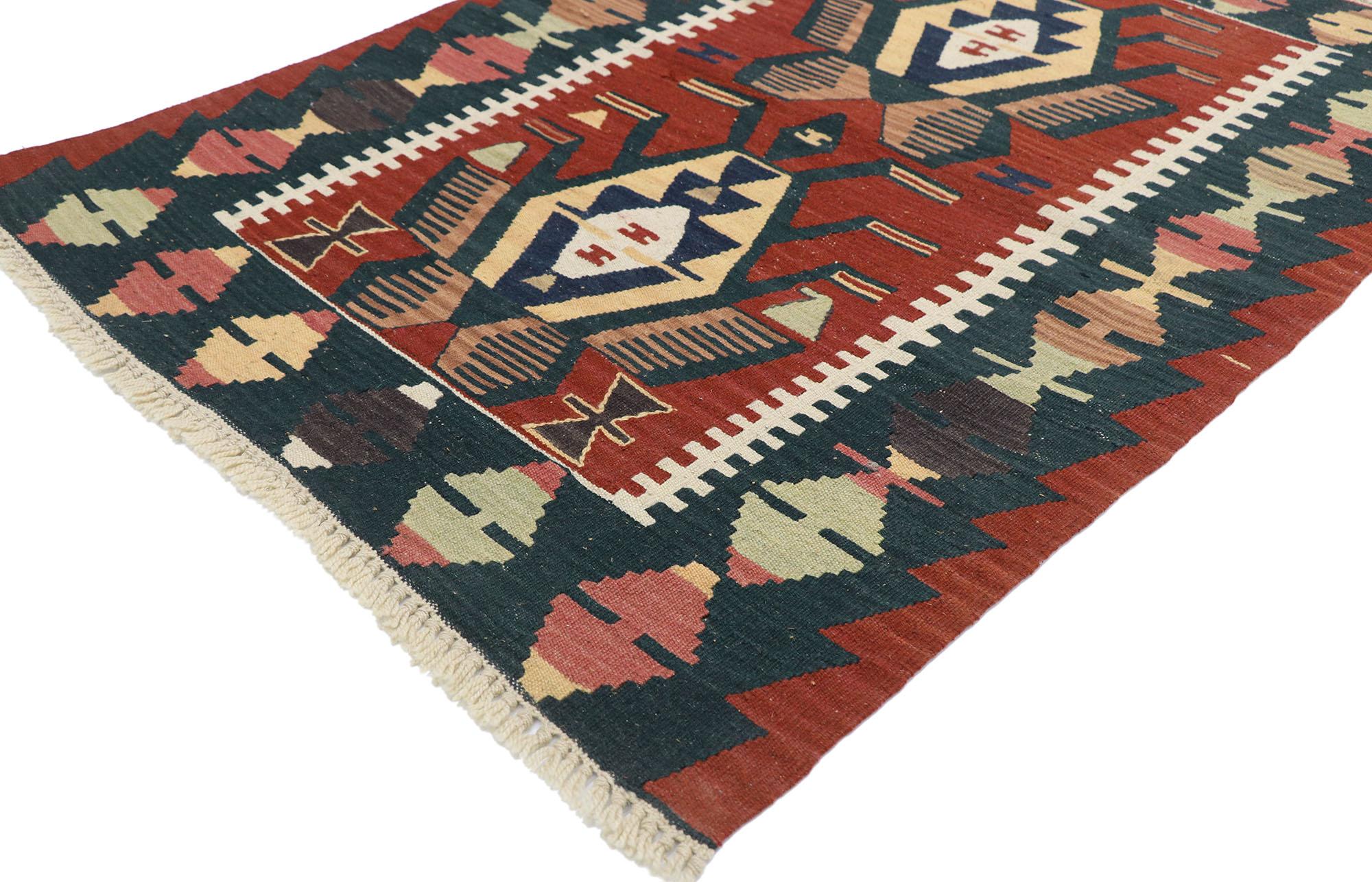 77843 Vintage Persian Shiraz Kilim rug with Tribal style 03'00 x 04'01. Full of tiny details and a bold expressive design combined with vibrant colors and tribal style, this hand-woven wool vintage Persian Shiraz kilim rug is a captivating vision of
