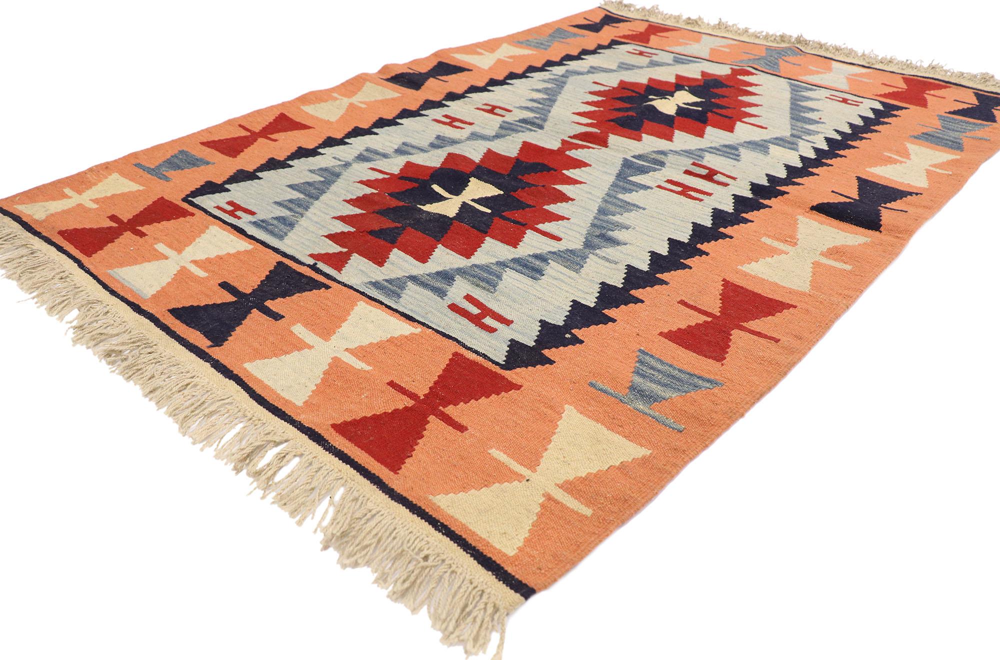 77994 Vintage Persian Shiraz Kilim rug with Bohemian Style 03'11 x 05'08. Full of tiny details and a bold expressive tribal design combined with vibrant colors and bohemian style, this hand-woven wool vintage Persian Shiraz kilim rug is a