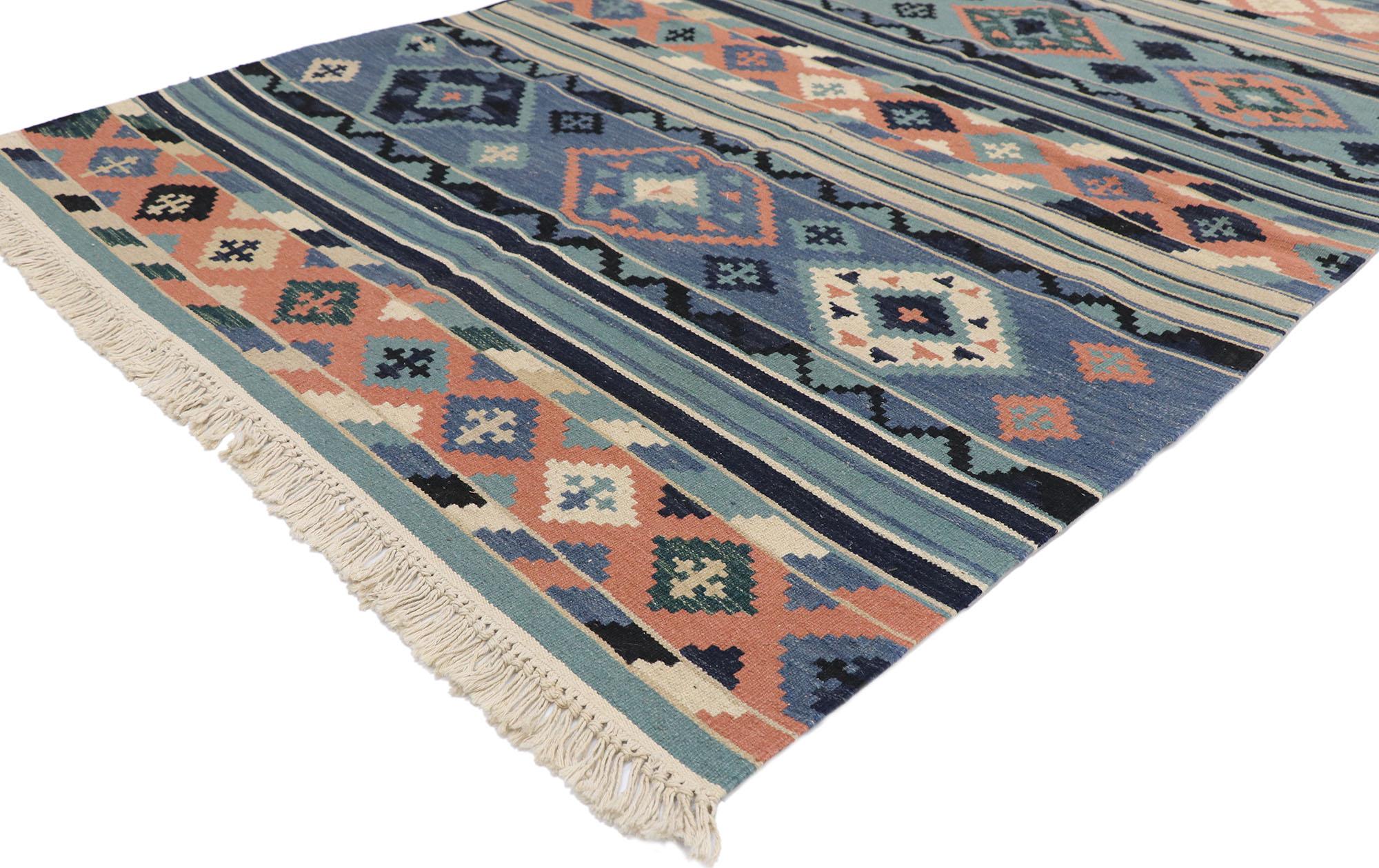 77816 vintage Persian Shiraz Kilim rug with Bohemian Tribal style 04'01 x 06'01. Full of tiny details and a bold expressive design combined with tribal style, this hand-woven wool vintage Persian Shiraz kilim rug is a captivating vision of woven