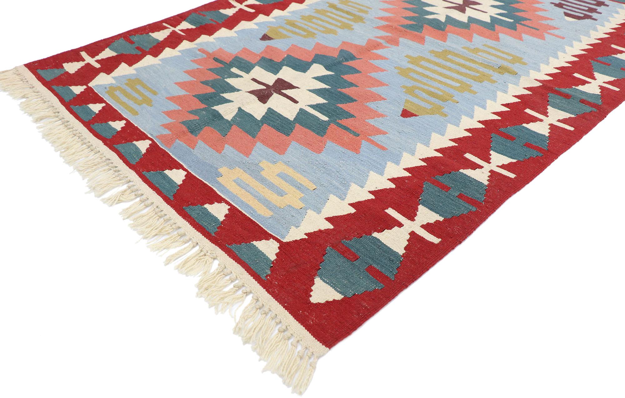 77807 Vintage Persian Shiraz Kilim rug with Bohemian Tribal Style 04'00 x 05'10. Full of tiny details and a bold expressive design combined with vibrant colors and tribal style, this hand-woven wool vintage Persian Shiraz kilim rug is a captivating