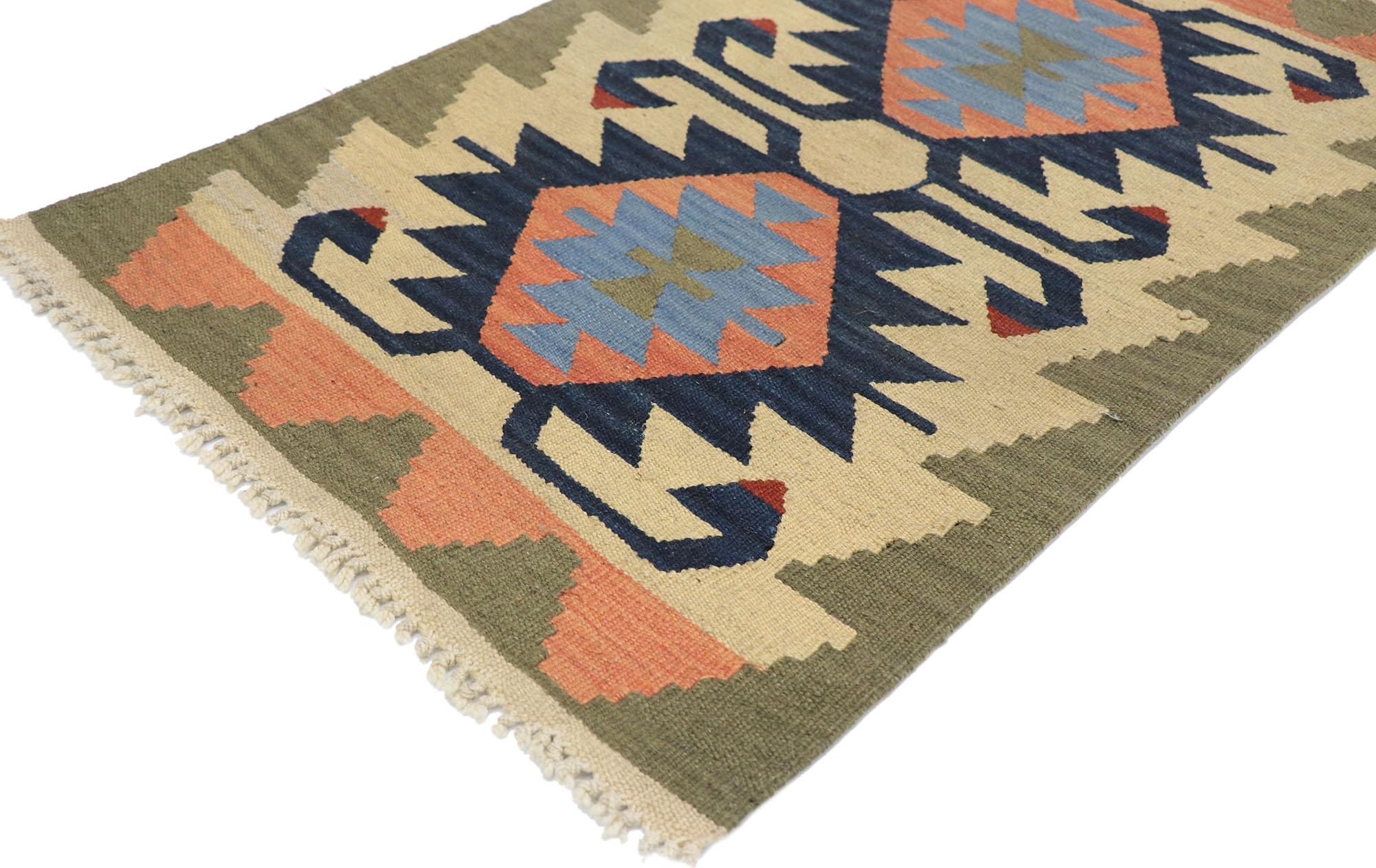 77905, vintage Persian Shiraz Kilim rug with Bohemian Tribal style. Full of tiny details and a bold expressive design combined with vibrant colors and tribal style, this hand-woven wool vintage Persian Shiraz kilim rug is a captivating vision of