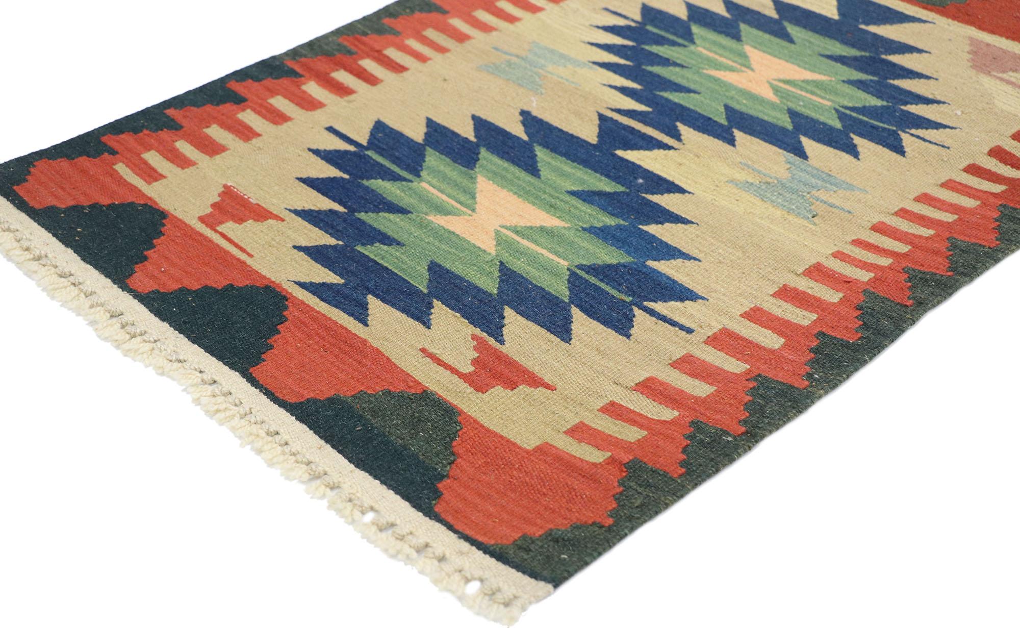 77888 vintage Persian Shiraz Kilim rug with Bohemian Tribal style 02'00 x 02'10. Full of tiny details and a bold expressive design combined with vibrant colors and tribal style, this hand-woven wool vintage Persian Shiraz kilim rug is a captivating