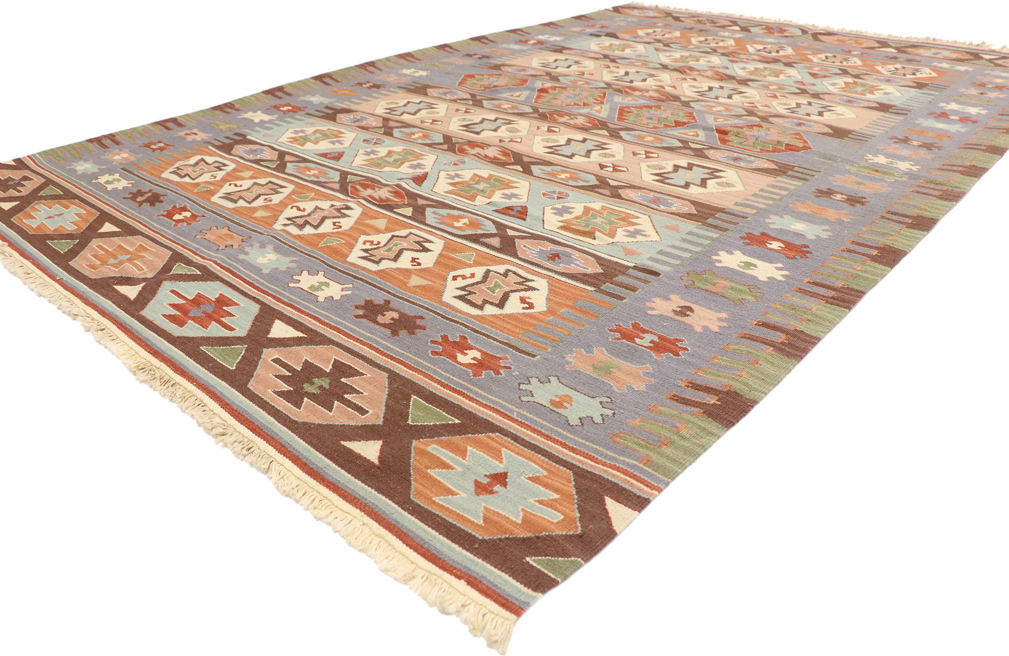 77931 Vintage Persian Shiraz Kilim rug with Bohemian tribal style 05'07 x 08'07. Full of tiny details and a bold expressive design combined with contrasting colors and tribal style, this hand-woven wool vintage Persian Shiraz Kilim rug is a