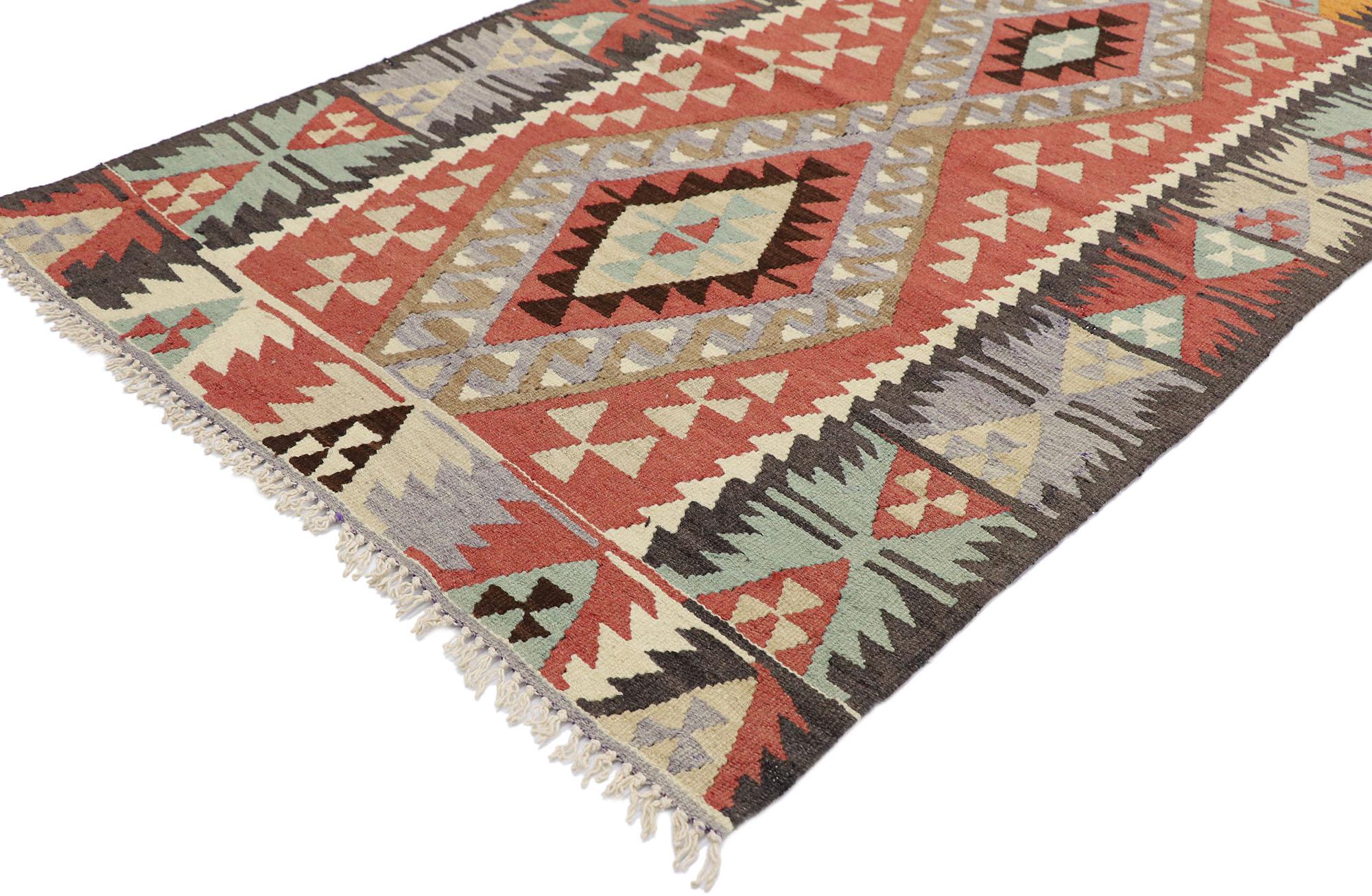 77833 vintage Persian Shiraz Kilim rug with Boho Chic Tribal style 03'02 x 04'10. Full of tiny details and a bold expressive design combined with vibrant colors and tribal style, this hand-woven wool vintage Persian Shiraz kilim rug is a captivating