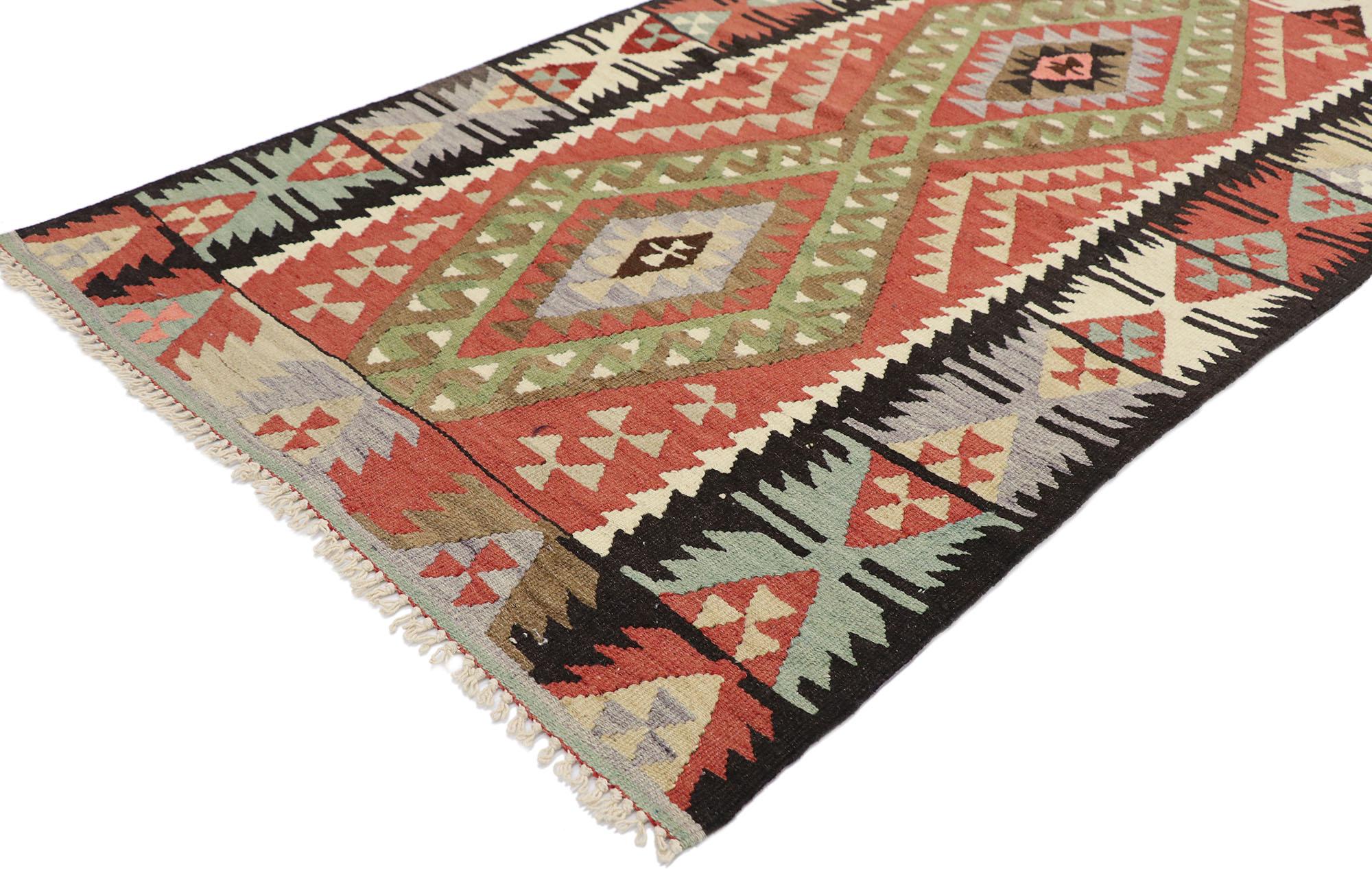 77832 vintage Persian Shiraz Kilim rug with Boho Chic Tribal style 03'00 x 05'00. Full of tiny details and a bold expressive design combined with vibrant colors and tribal style, this hand-woven wool vintage Persian Shiraz kilim rug is a captivating