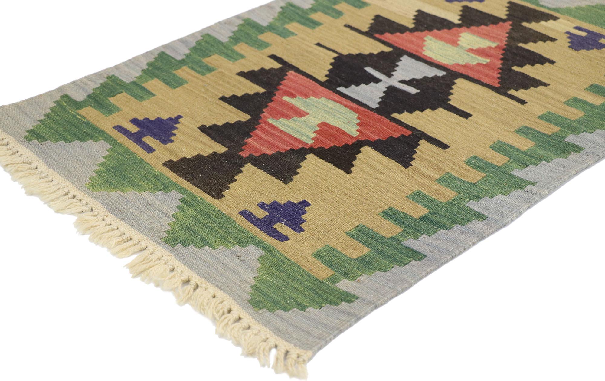 77906 vintage Persian Shiraz Kilim rug with Boho Chic Tribal style 01'11 x 02'11. Full of tiny details and a bold expressive design combined with vibrant colors and tribal style, this hand-woven wool vintage Persian Shiraz kilim rug is a captivating