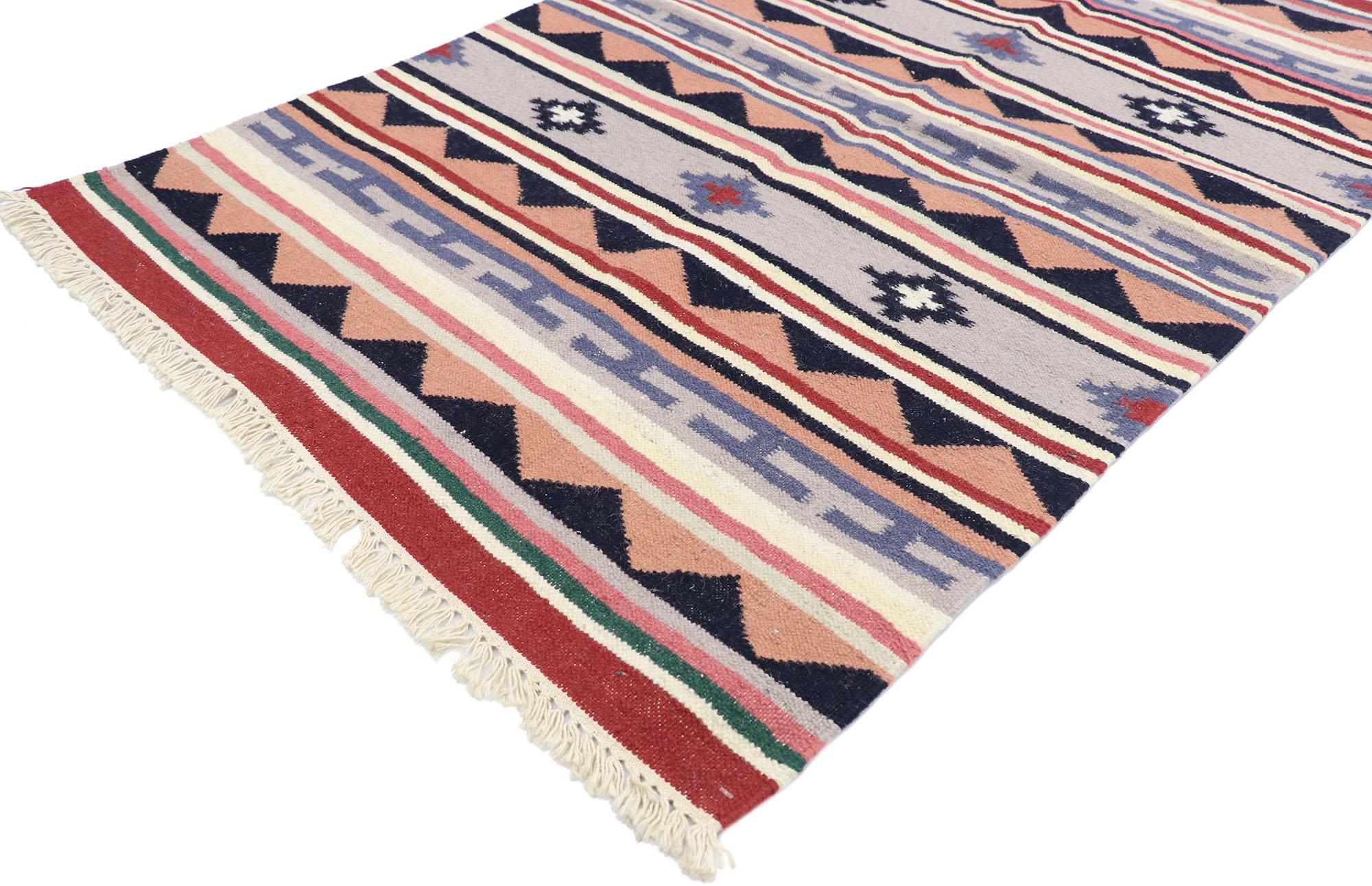 77836 vintage Persian Shiraz Kilim rug with Boho Chic Tribal style 03'02 x 04'11. Full of tiny details and a bold expressive design combined with vibrant colors and tribal style, this hand-woven wool vintage Persian Shiraz kilim rug is a captivating