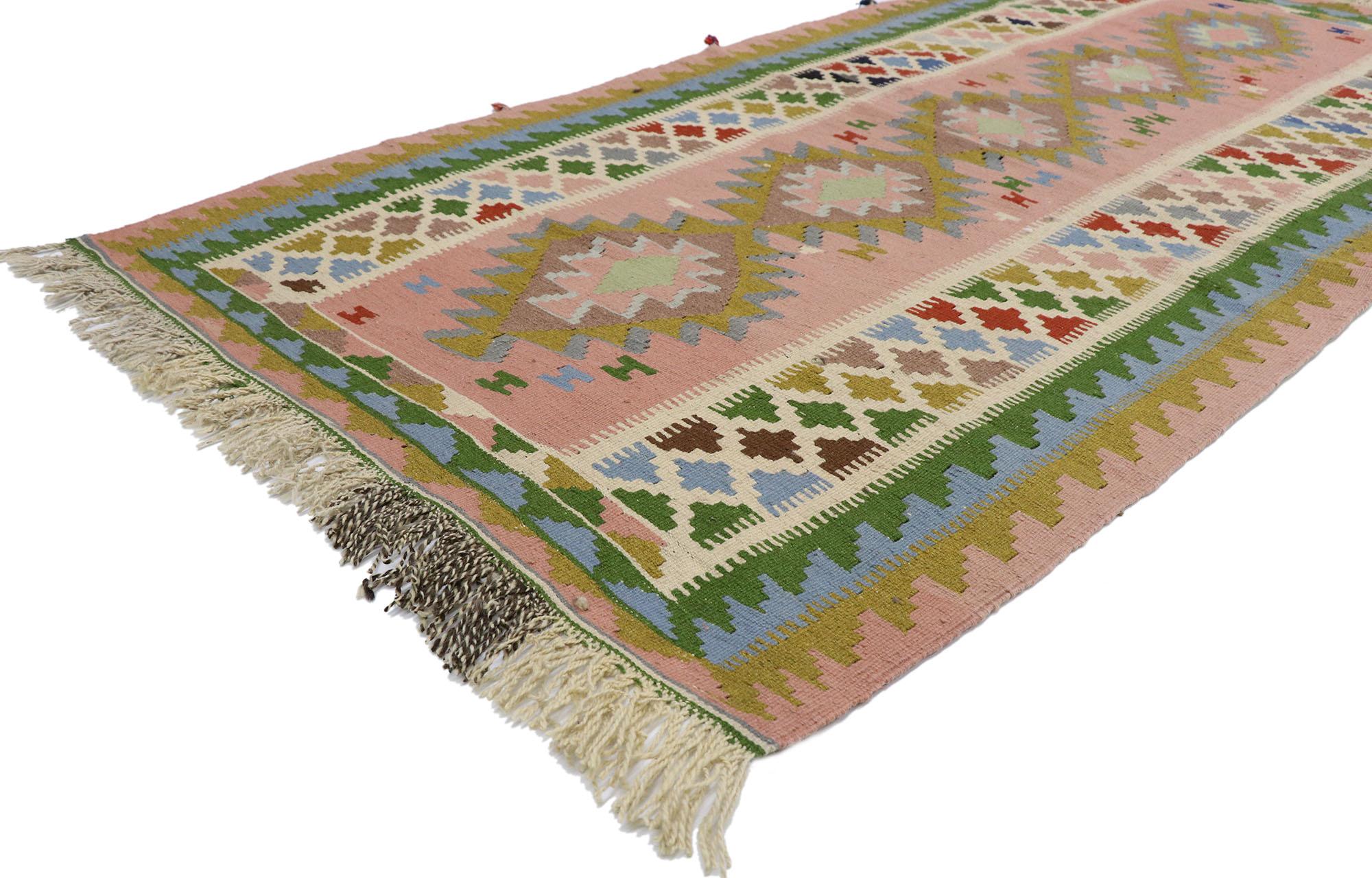 78024, vintage Persian Shiraz Kilim rug with boho chic Tribal style. Full of tiny details and a bold expressive design combined with vibrant colors and tribal style, this hand-woven wool vintage Persian Shiraz kilim rug is a captivating vision of