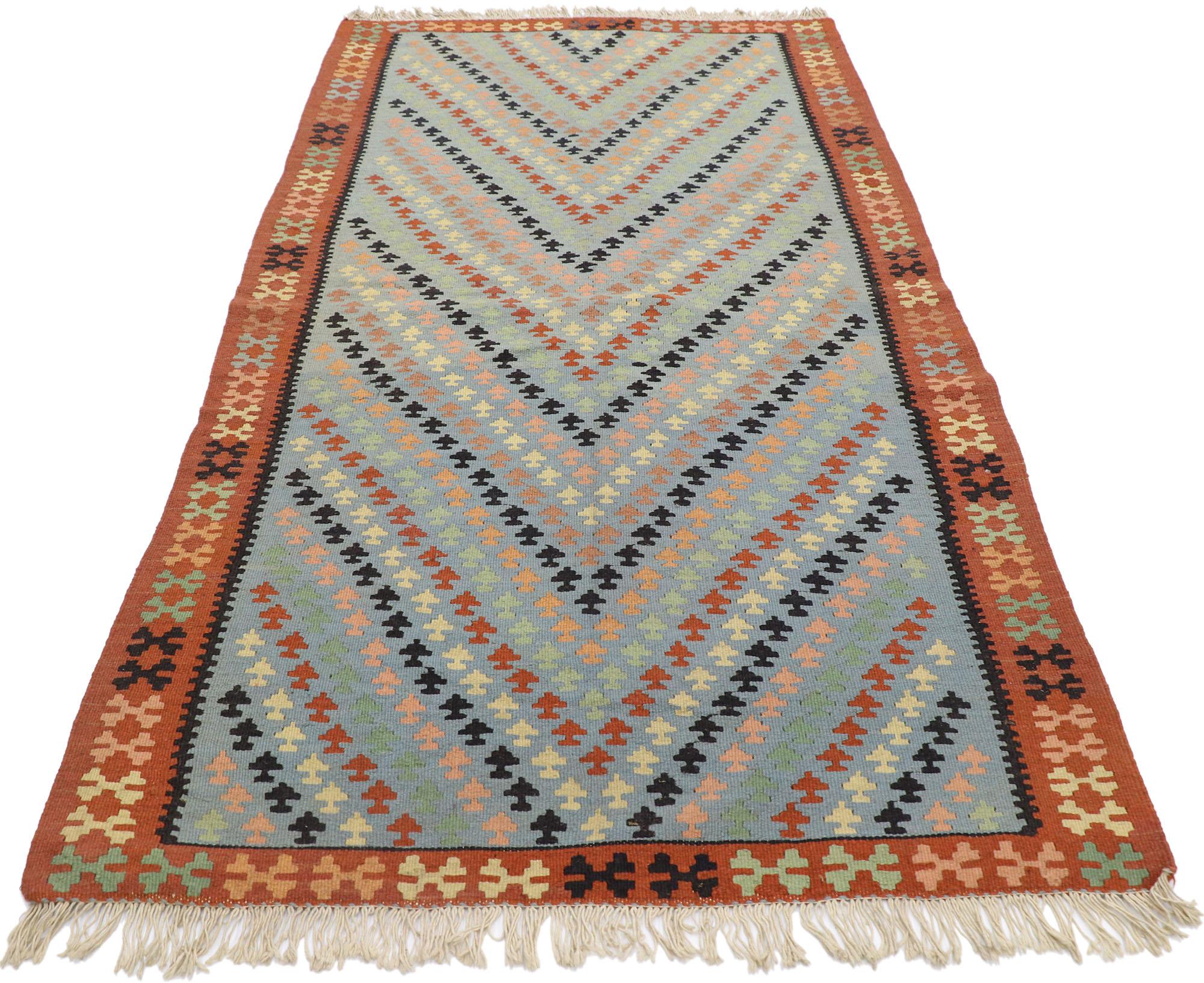 Hand-Woven Vintage Persian Shiraz Kilim Rug, Luxury Lodge Meets Southwest Boho Style For Sale