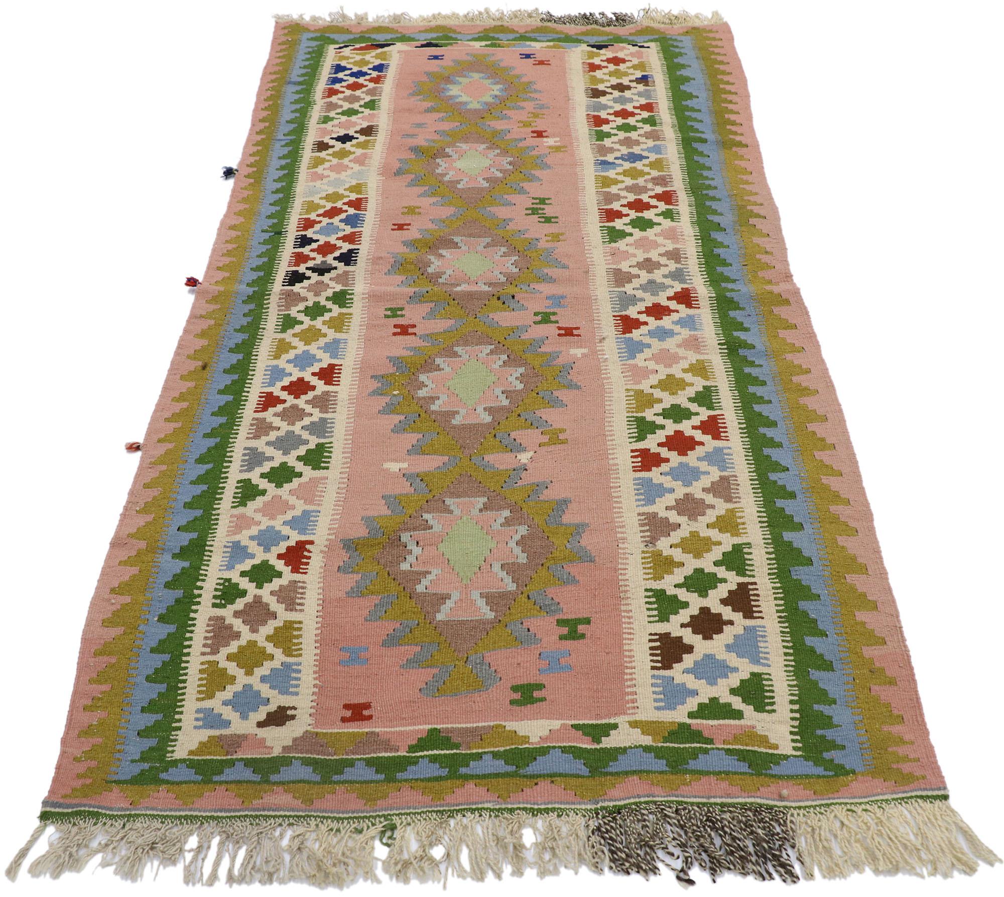 Hand-Woven Vintage Persian Shiraz Kilim Rug, Luxury Lodge Meets Southwest Boho Style For Sale