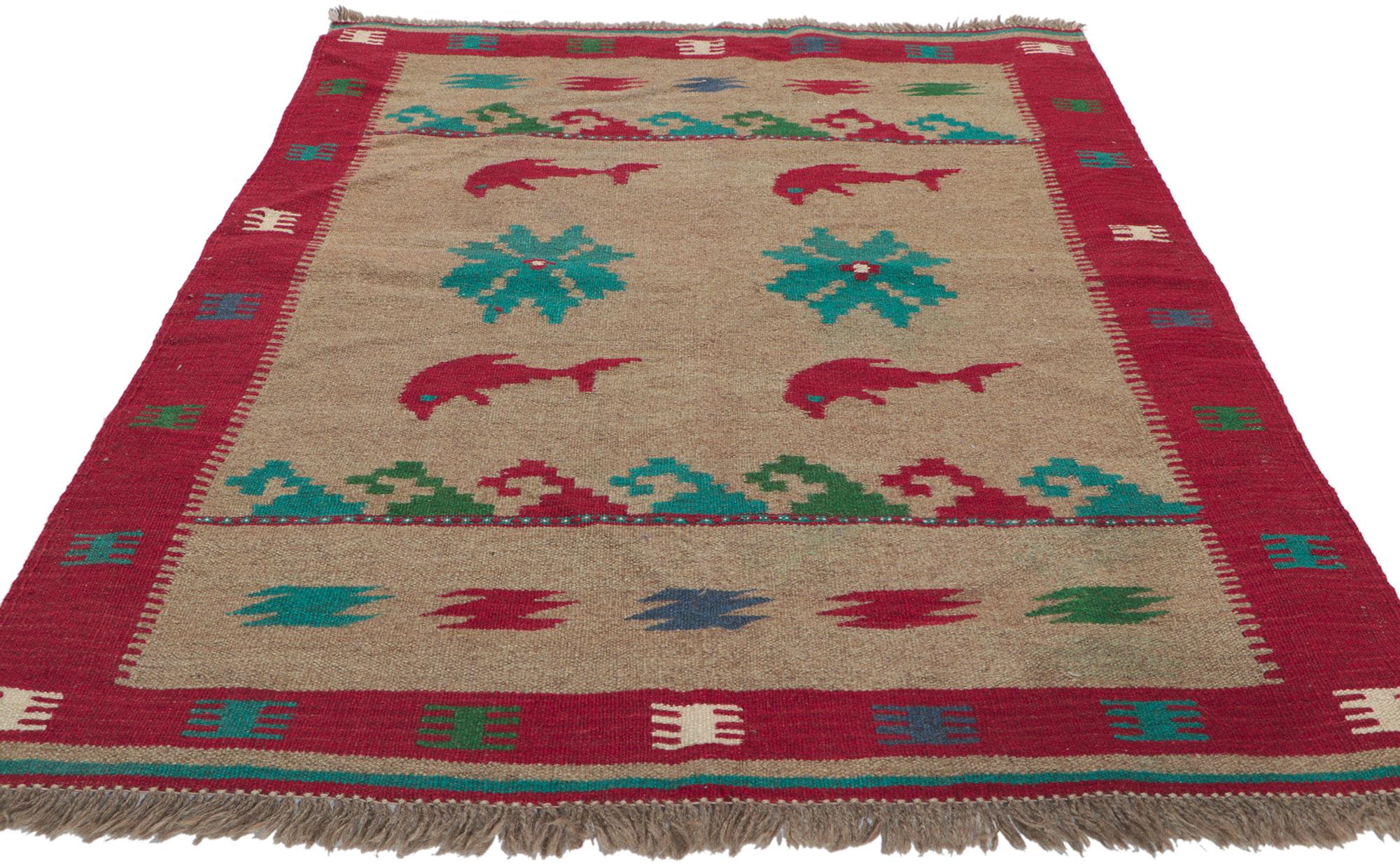 Hand-Woven Vintage Persian Shiraz Kilim Rug with Dolphins For Sale