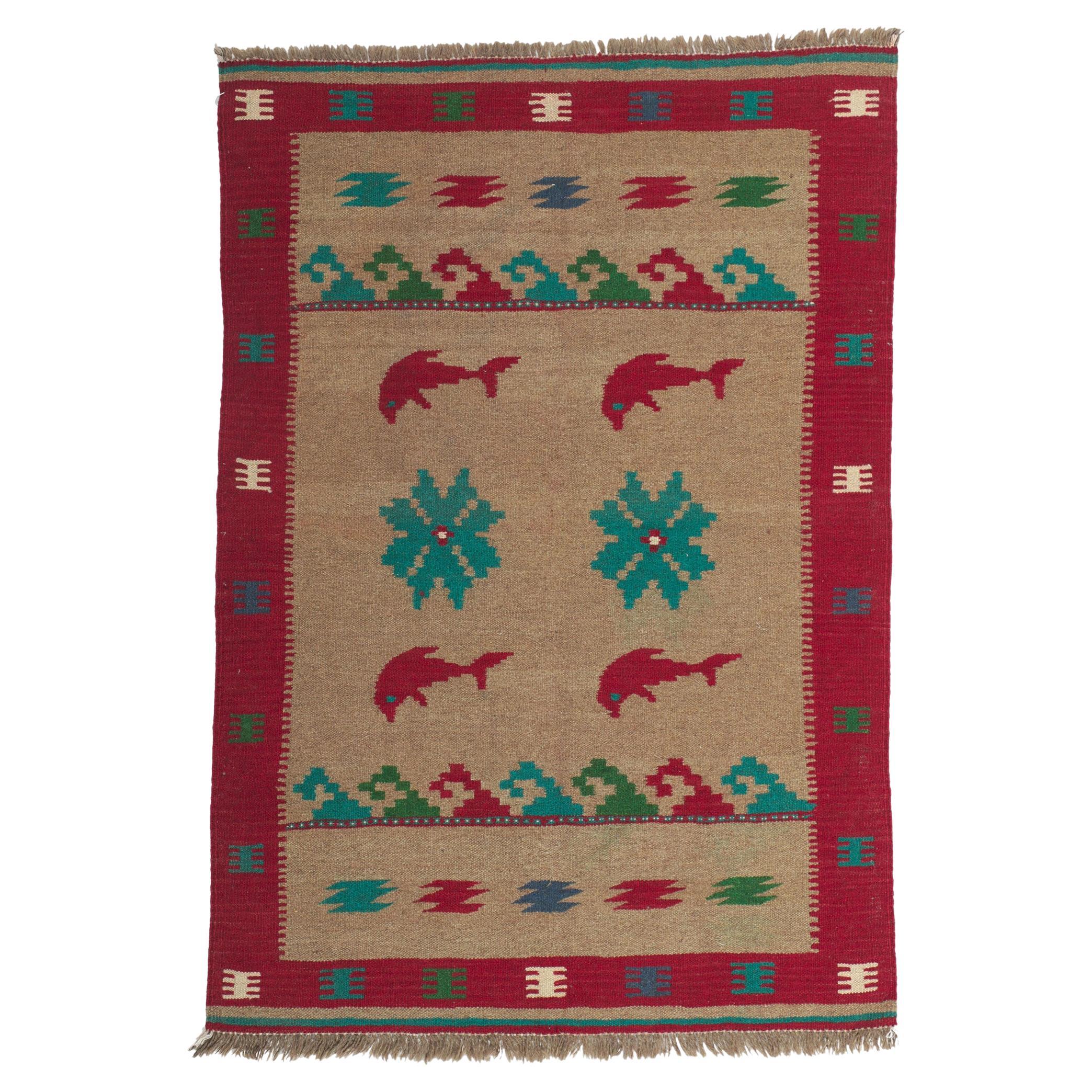 Vintage Persian Shiraz Kilim Rug with Dolphins For Sale