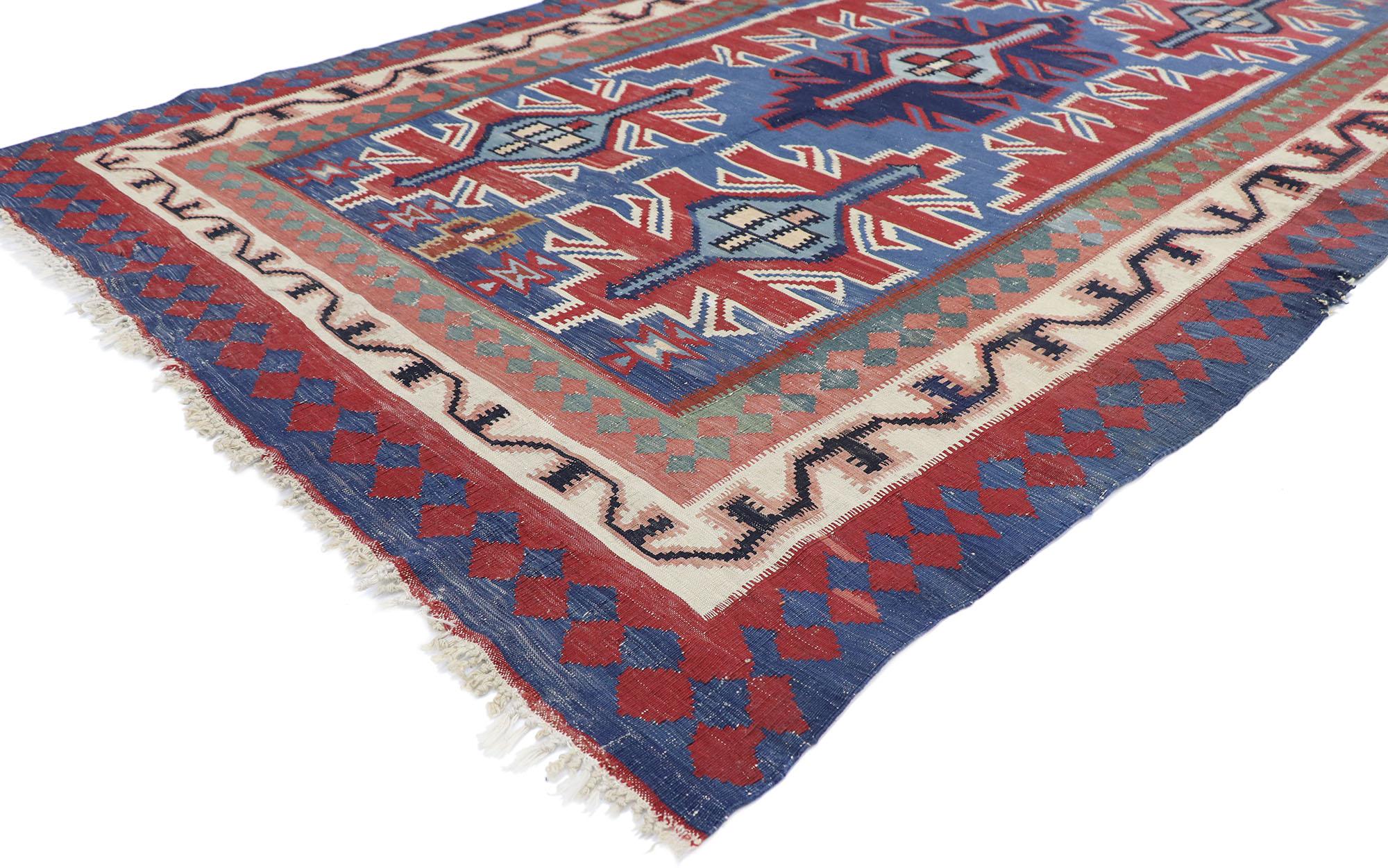 77646 Vintage Persian Shiraz Kilim rug with Modern Navajo style 05'07 x 08'07. With its bold expressive design, incredible detail and texture, this hand-woven wool vintage Persian Shiraz Kilim rug is a captivating vision of woven beauty highlighting
