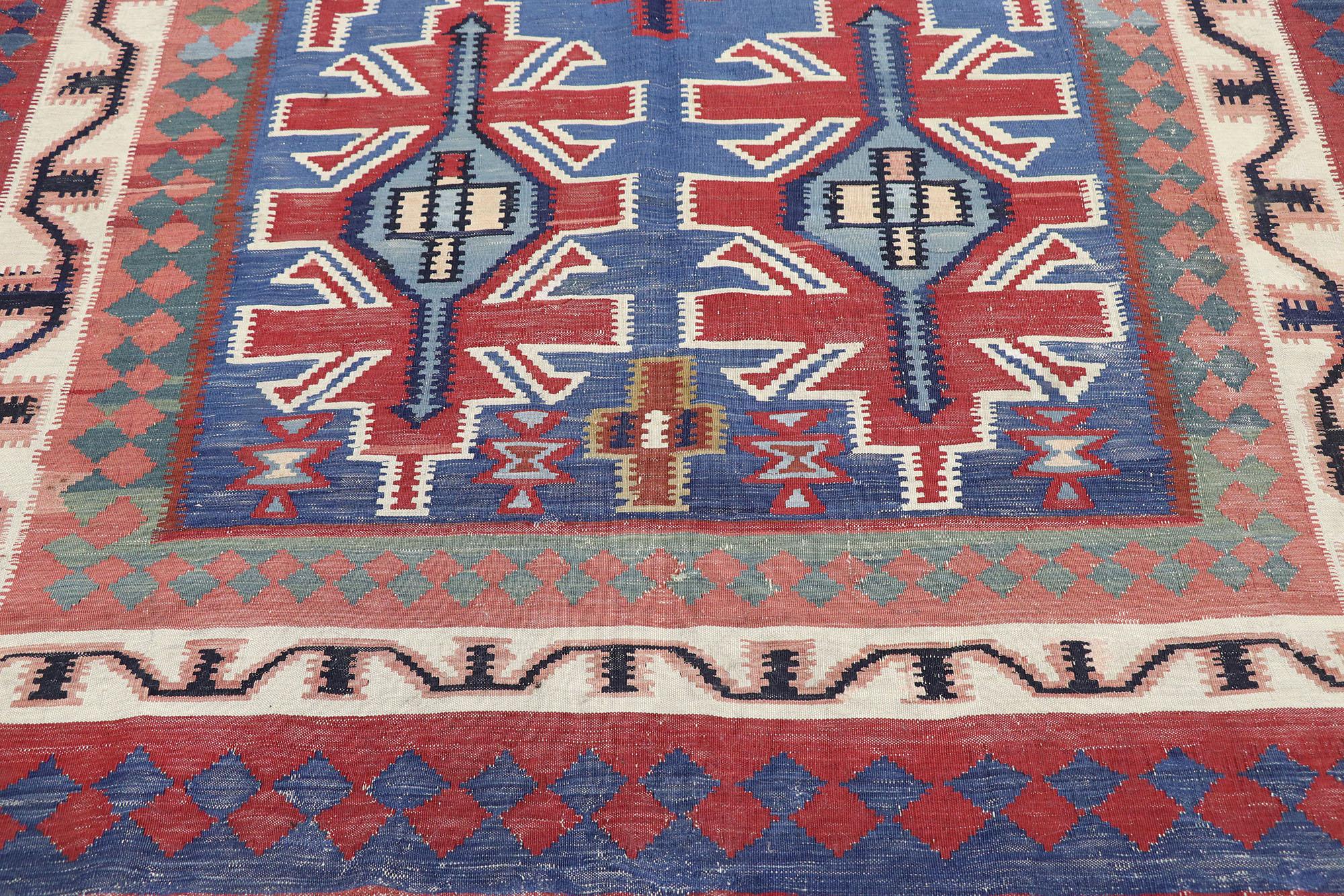 Vintage Persian Shiraz Kilim Rug with Modern Navajo Style In Distressed Condition For Sale In Dallas, TX