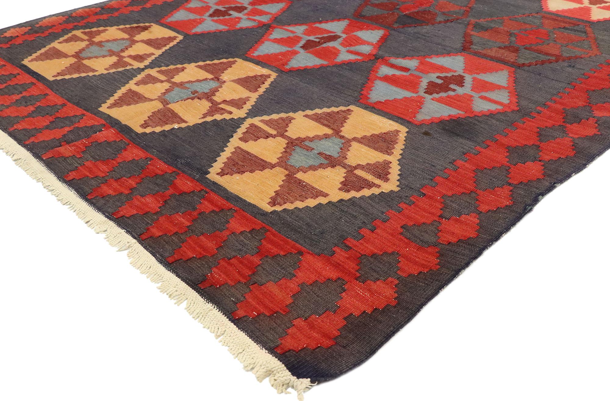 70559, vintage Persian Shiraz Kilim rug with Modern Northwestern Tribal style 04'06 x 10'06. With its bold expressive design, incredible detail and texture, this handwoven wool vintage Persian Shiraz Kilim rug is a captivating vision of woven beauty