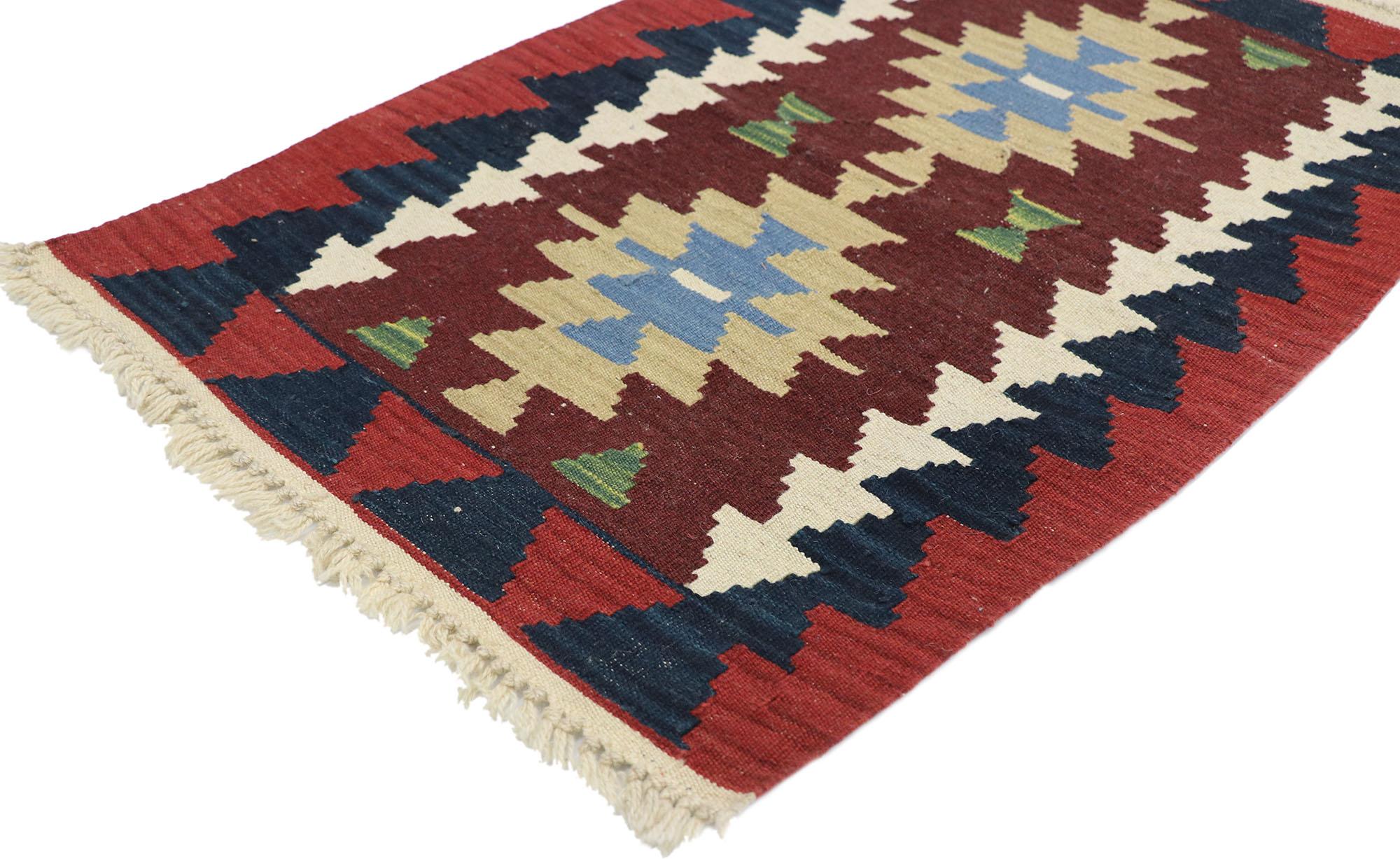 77910 vintage Persian Shiraz Kilim rug with Modern Tribal style 02'00 x 02'11. Full of tiny details and a bold expressive design combined with vibrant colors and tribal style, this hand-woven wool vintage Persian Shiraz kilim rug is a captivating