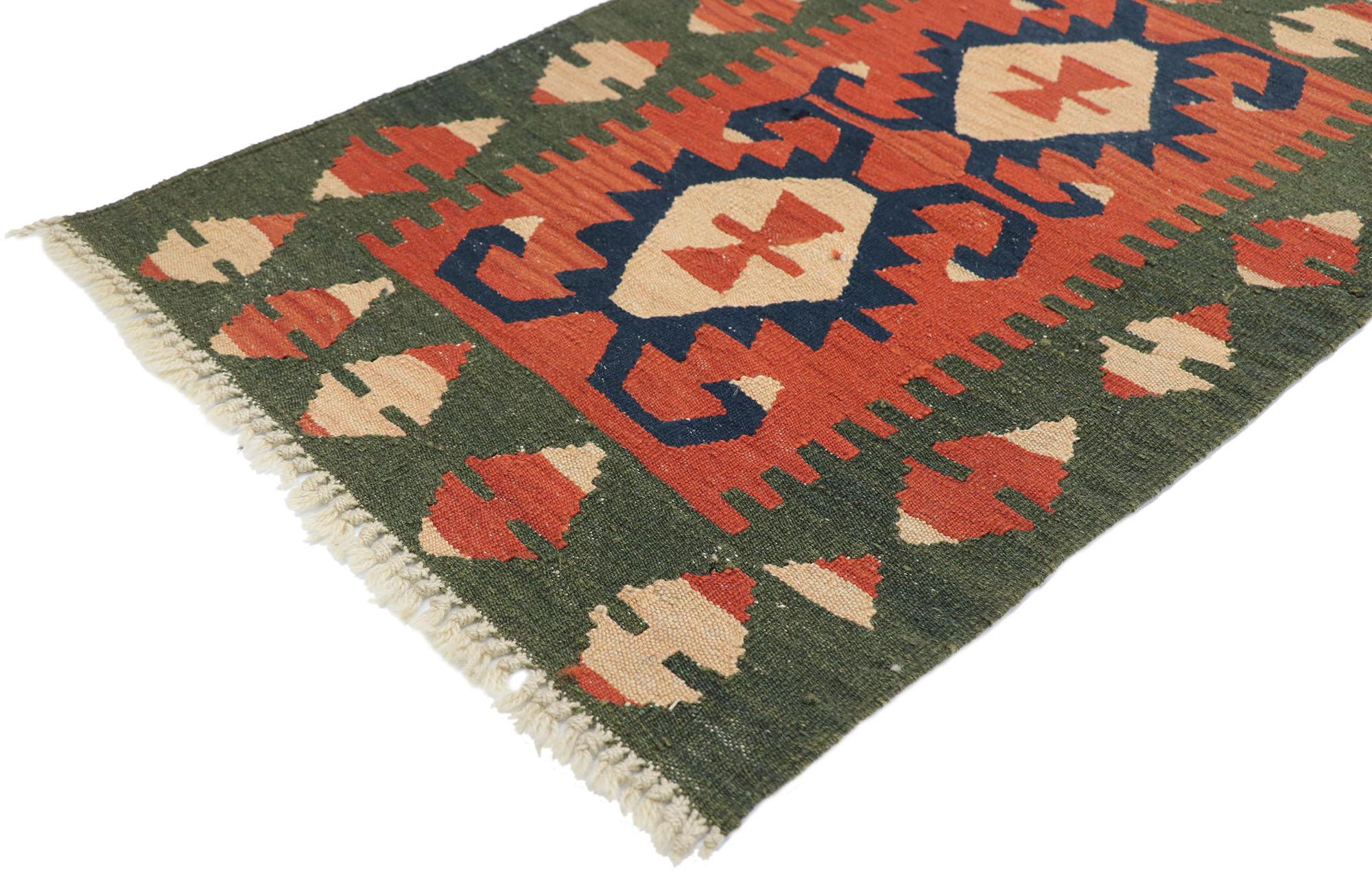 77889 Vintage Persian Shiraz Kilim rug with Modern Tribal style 02'00 x 02'11. Full of tiny details and a bold expressive design combined with vibrant colors and tribal style, this hand-woven wool vintage Persian Shiraz kilim rug is a captivating