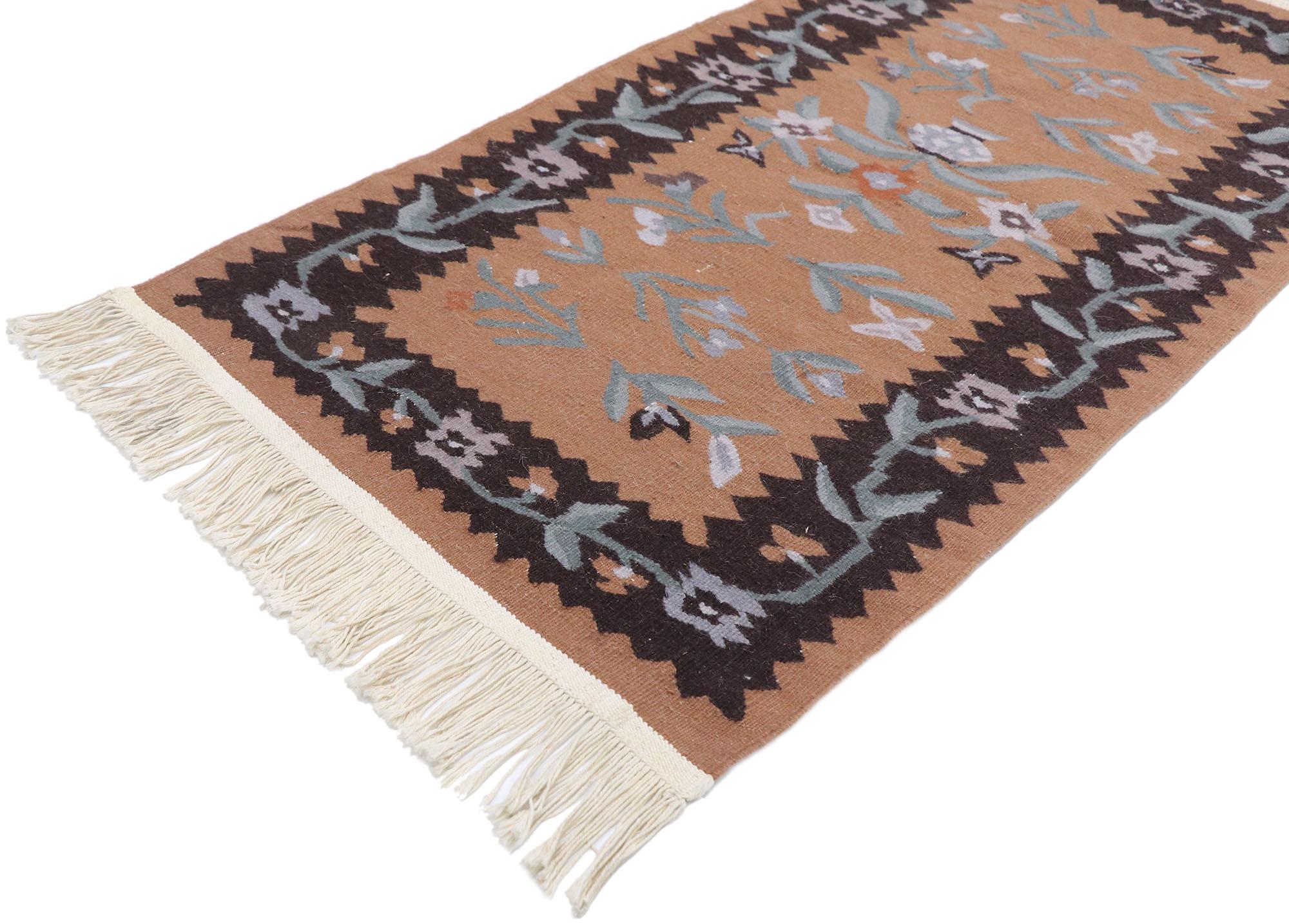 77855 vintage Persian Shiraz Kilim rug with Rustic Farmhouse style 02'02 x 04'01. Take a timeless, tailored design, mix in a dash of romantic connotations to get this fresh look that’s as comfortable as it is chic. Soft, bespoke vibes meet romantic
