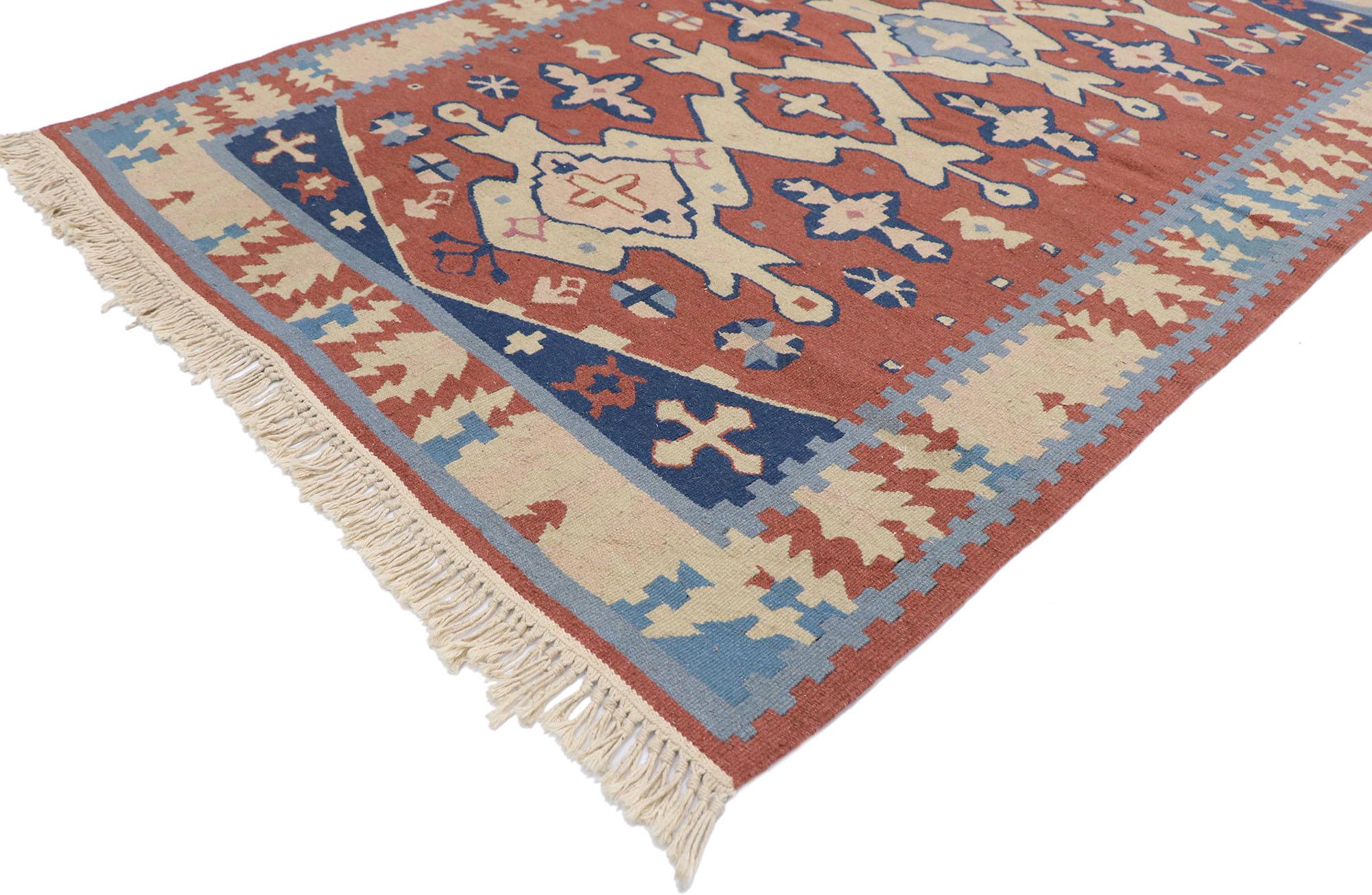 77800, vintage Persian Shiraz Kilim rug with Rustic Tribal style. Full of tiny details and a bold expressive design combined with vibrant colors and tribal style, this hand-woven wool vintage Persian Shiraz Kilim rug is a captivating vision of woven