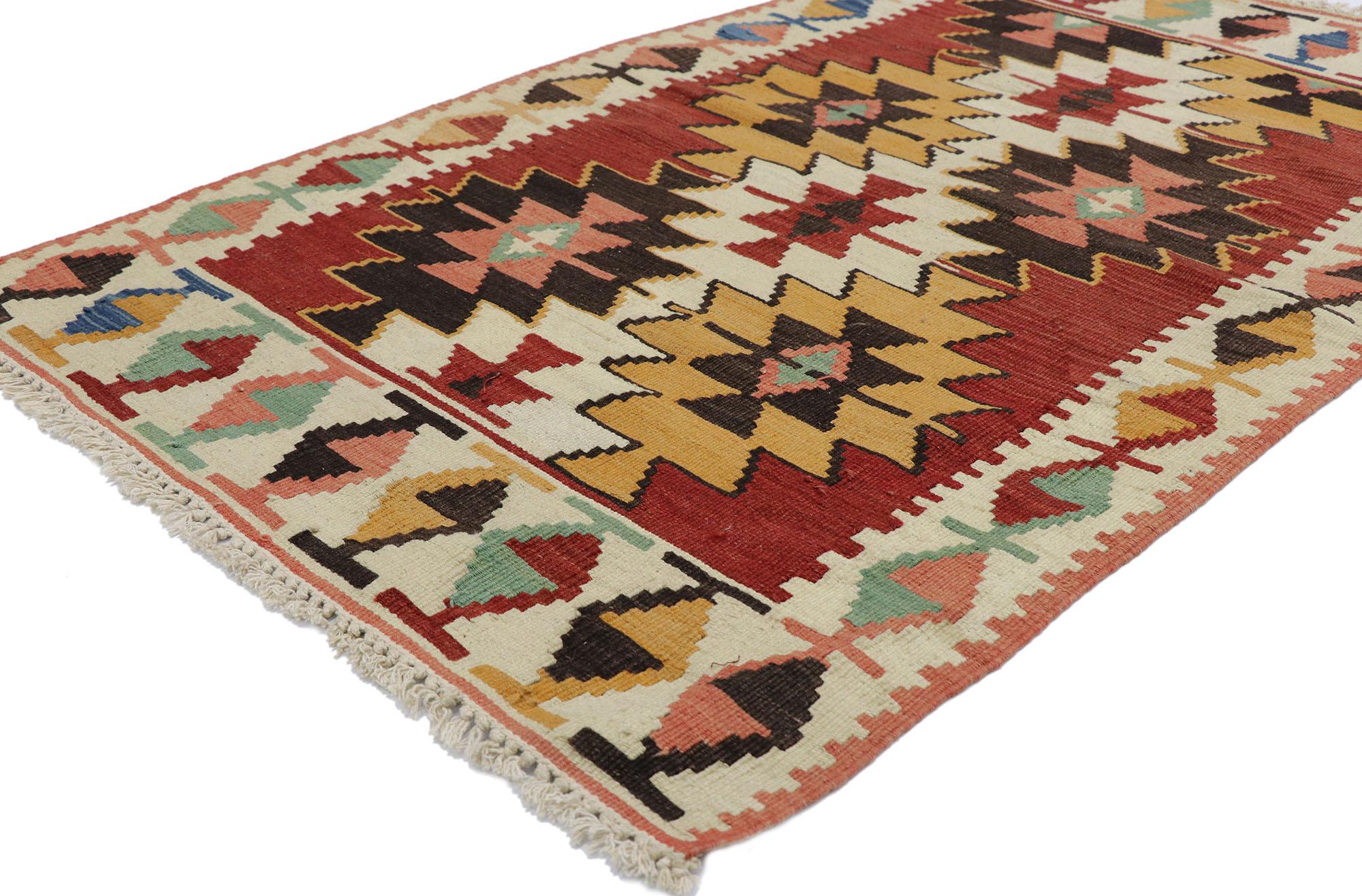 78037 vintage Persian Shiraz Kilim rug with Southwestern Tribal style 03'00 x 04'07. Full of tiny details and a bold expressive design combined with vibrant colors and tribal style, this hand-woven wool vintage Persian Shiraz kilim rug is a