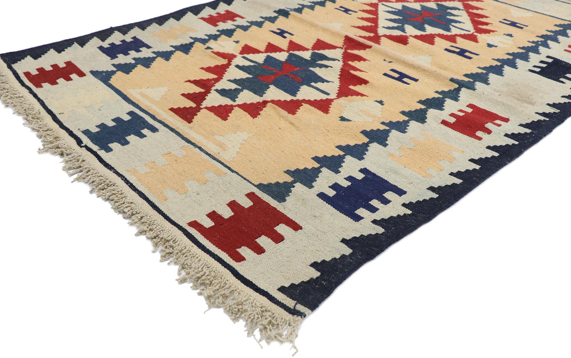 77826 vintage Persian Shiraz Kilim rug with Tribal style 03'09 x 05'05. Full of tiny details and a bold expressive design combined with vibrant colors and tribal style, this hand-woven wool vintage Persian Shiraz kilim rug is a captivating vision of