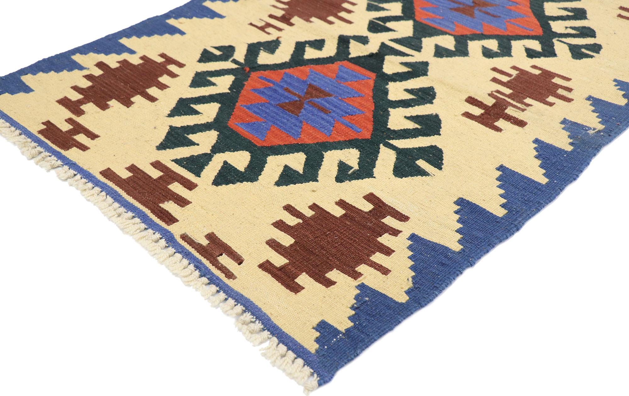 77916, vintage Persian Shiraz Kilim rug with Tribal style. Full of tiny details and a bold expressive design combined with vibrant colors and tribal style, this hand-woven wool vintage Persian Shiraz kilim rug is a captivating vision of woven