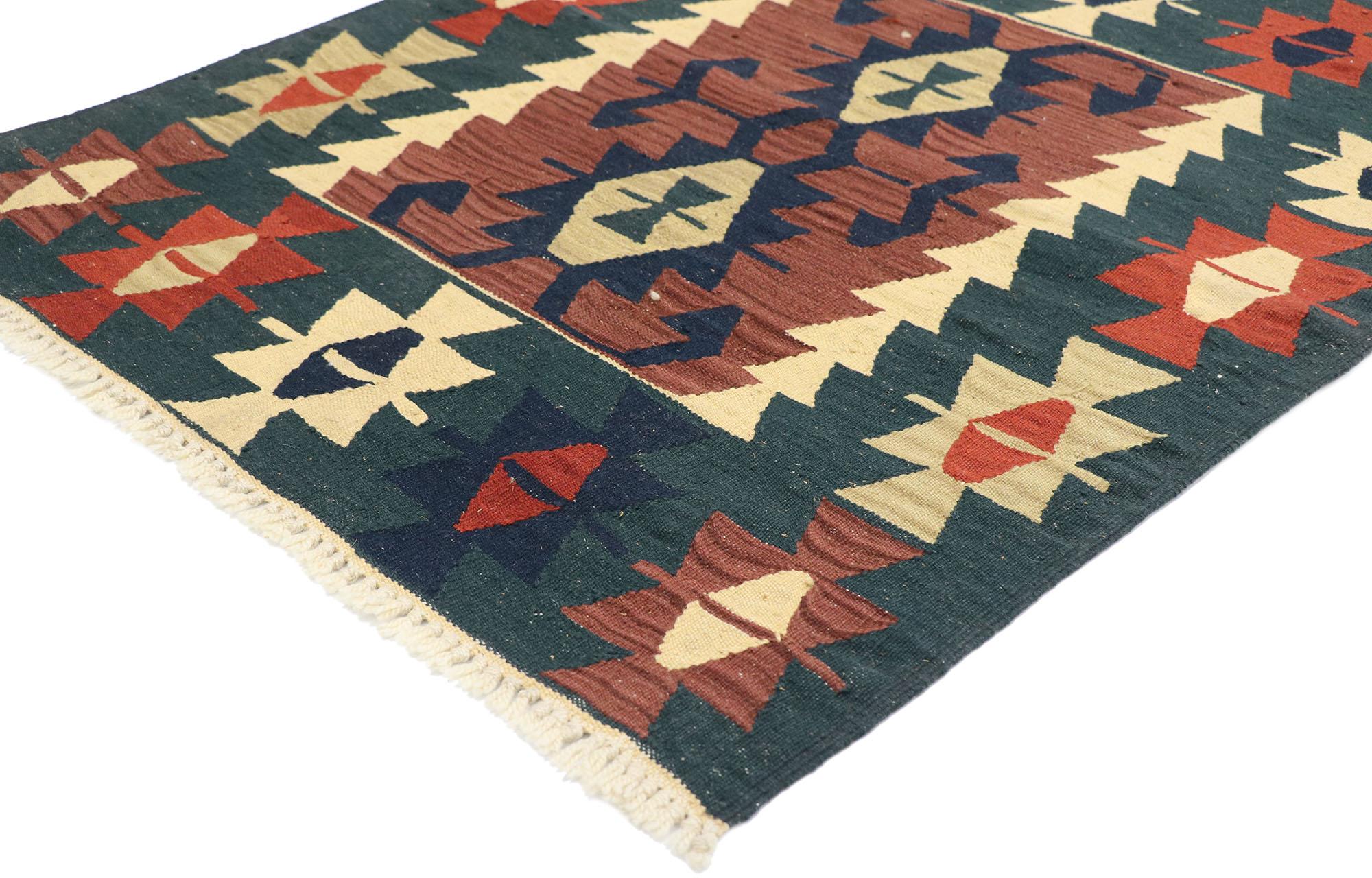 77914 vintage Persian Shiraz Kilim rug with Tribal style 03'01 x 03'07. Full of tiny details and a bold expressive design combined with vibrant colors and tribal style, this hand-woven wool vintage Persian Shiraz kilim rug is a captivating vision of