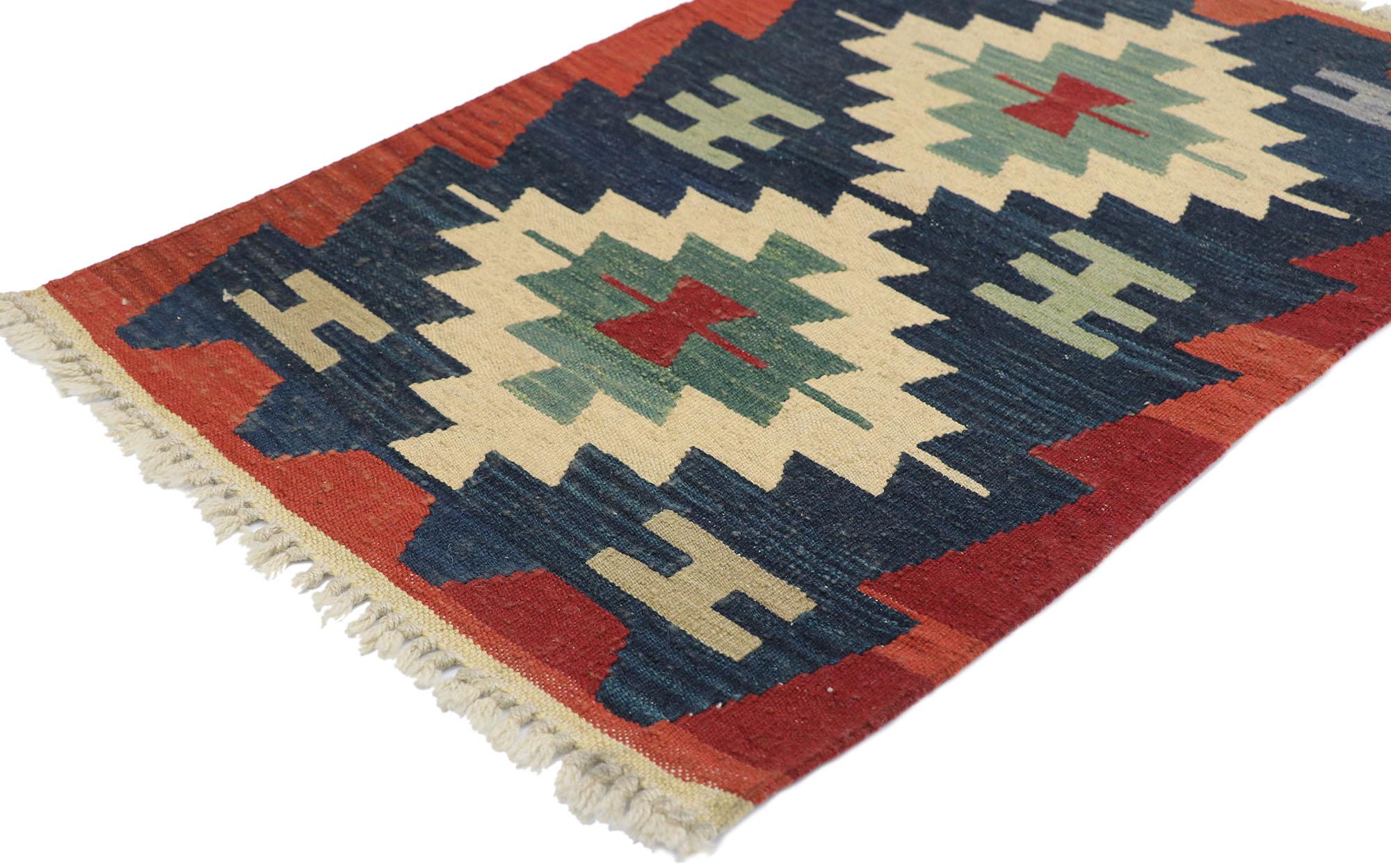 77911, vintage Persian Shiraz Kilim rug with Tribal style. Full of tiny details and a bold expressive design combined with vibrant colors and tribal style, this hand-woven wool vintage Persian Shiraz kilim rug is a captivating vision of woven