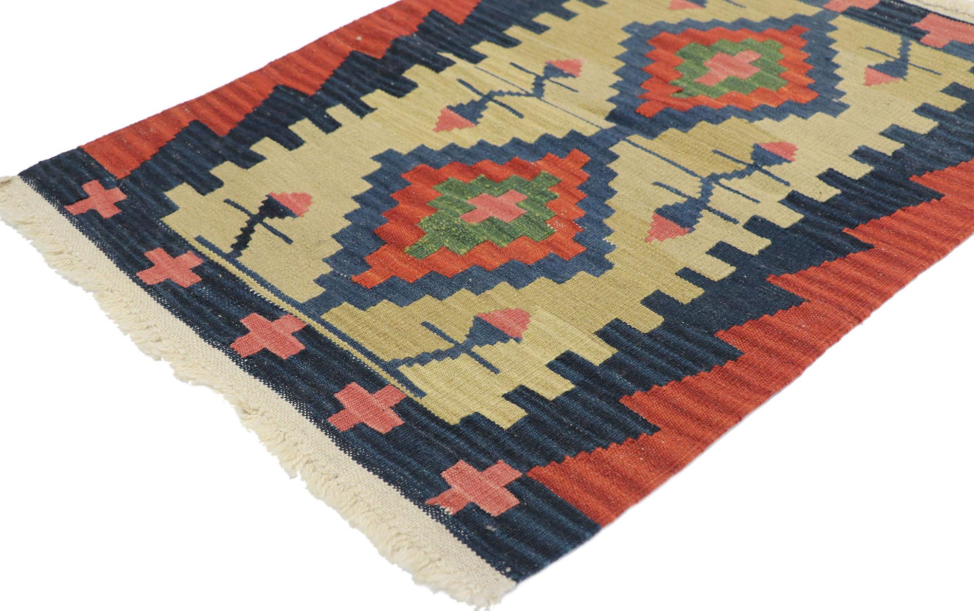 77909, vintage Persian Shiraz Kilim rug with Tribal style. Full of tiny details and a bold expressive design combined with vibrant colors and tribal style, this hand-woven wool vintage Persian Shiraz kilim rug is a captivating vision of woven